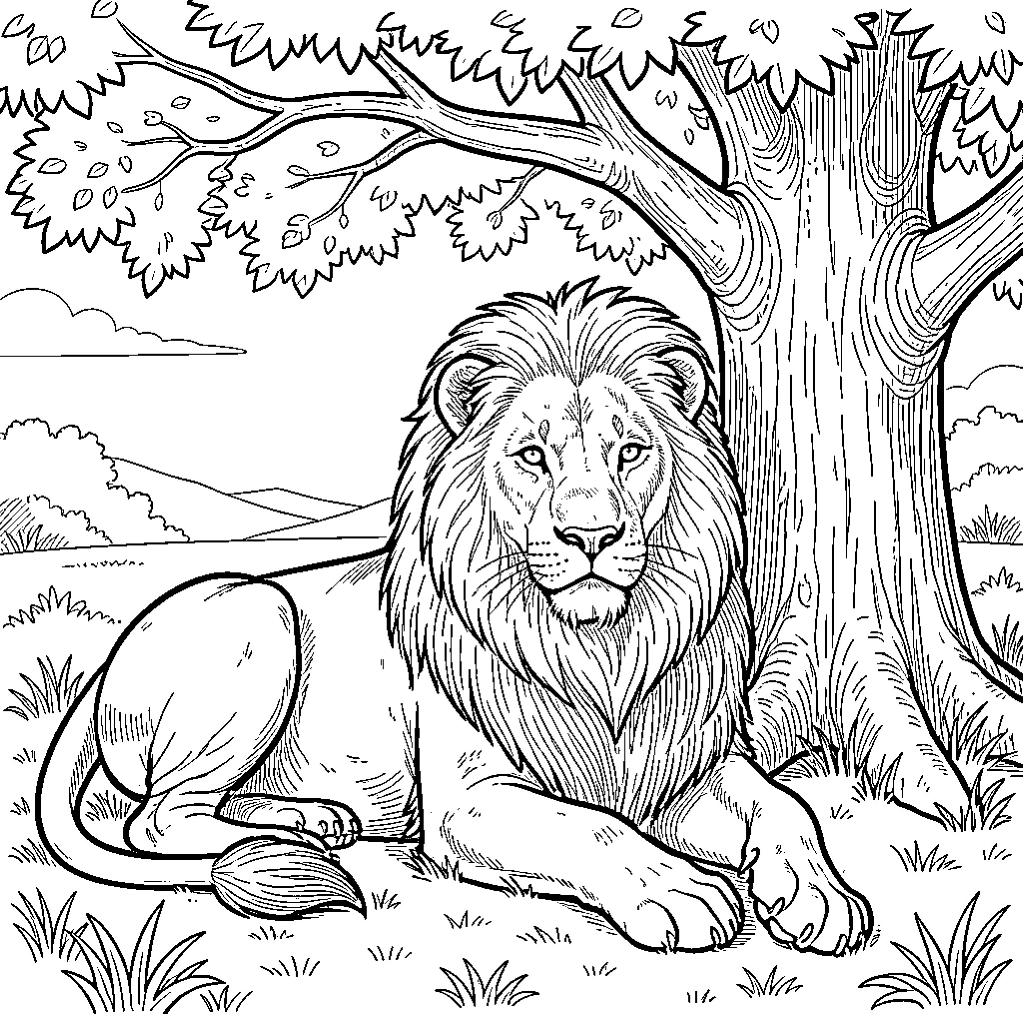 Lion resting calmly in the wilderness Coloring Page (free black-and-white line drawing printable PDF for all, from beginners to advanced learners, including children, teens, adults, and seniors)