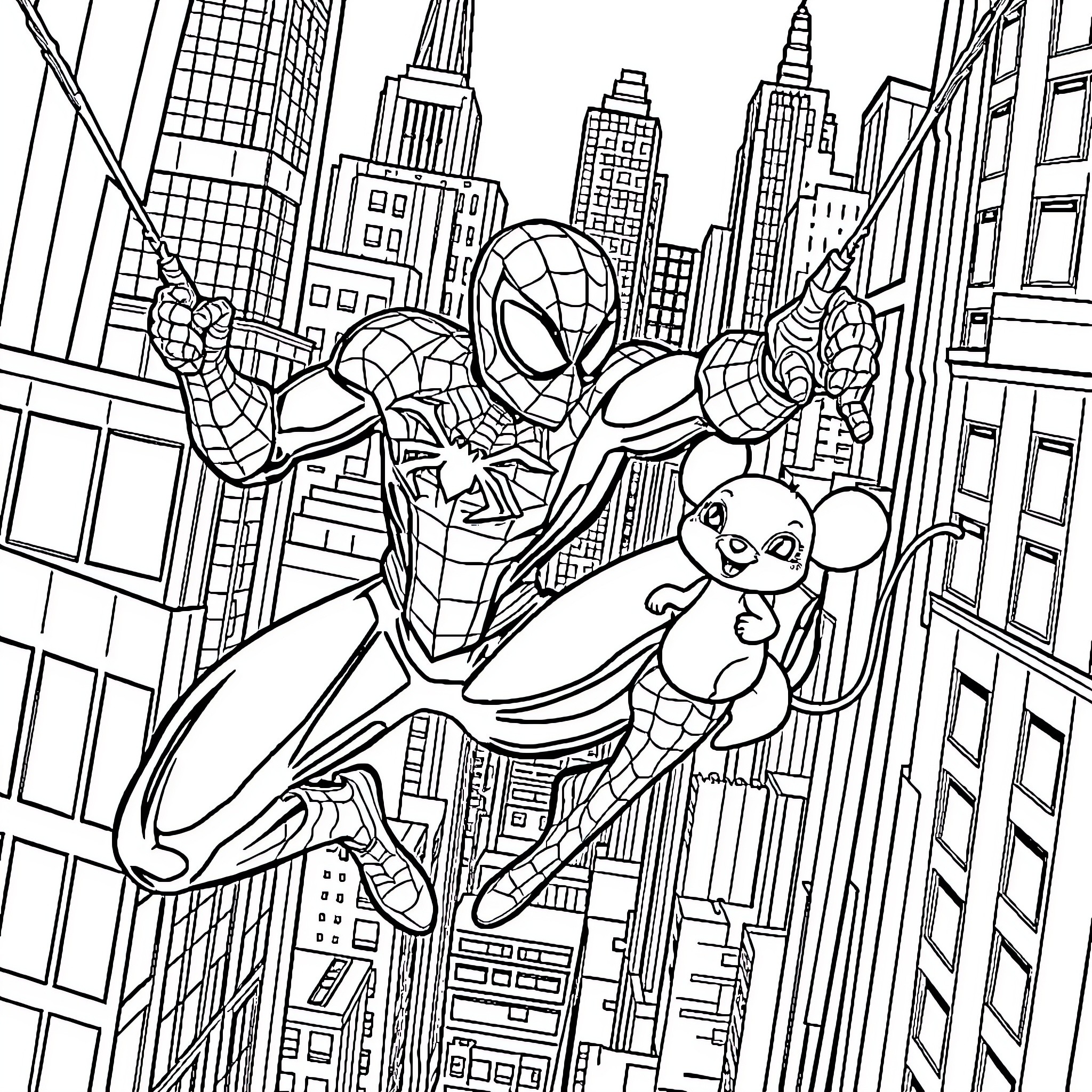 Spiderman swinging through the city with sidekick Coloring Page (free black-and-white line drawing printable PDF for all, from beginners to advanced learners, including children, teens, adults, and seniors)