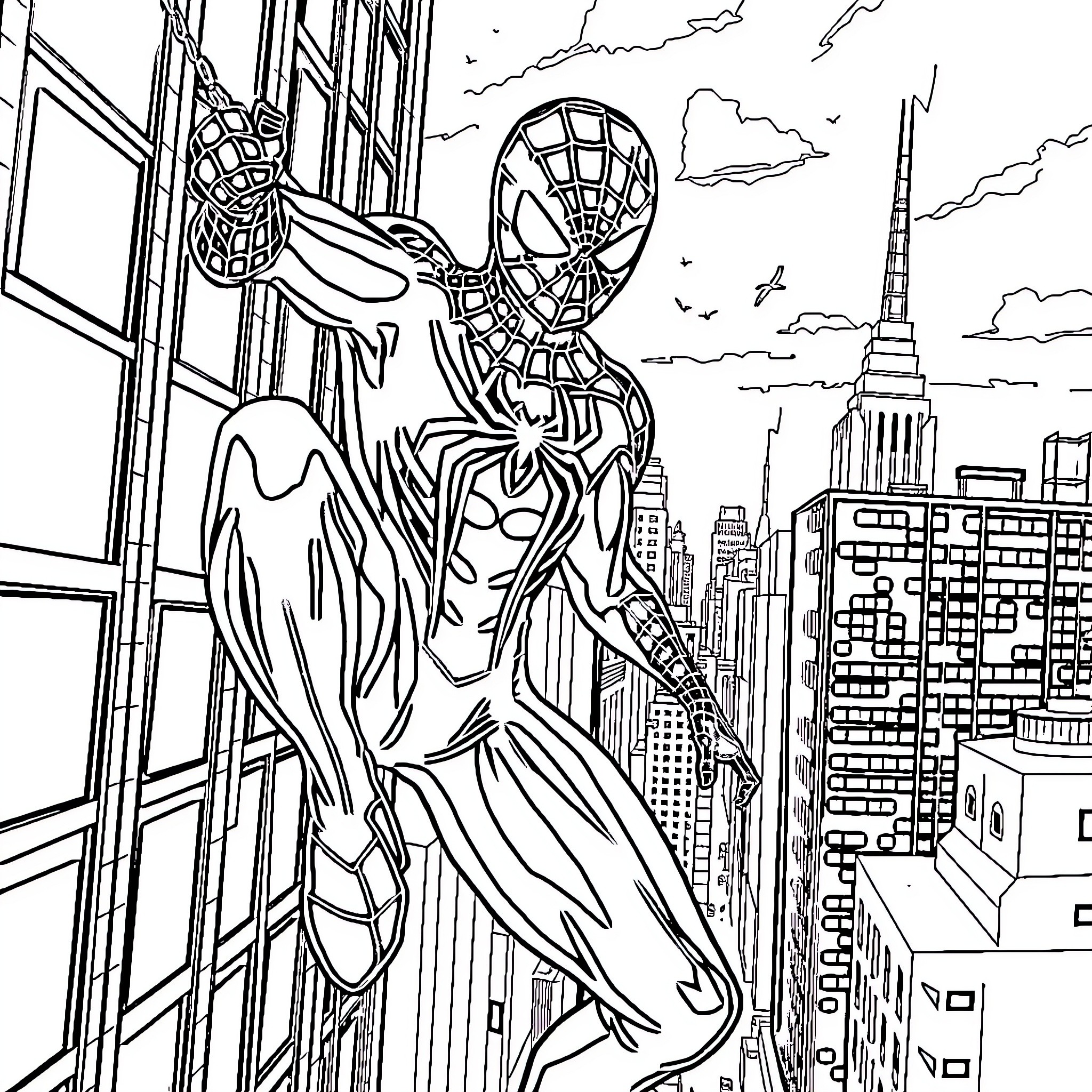 Spider-Man swinging through the city skyline Coloring Page (free black-and-white line drawing printable PDF for all, from beginners to advanced learners, including children, teens, adults, and seniors)