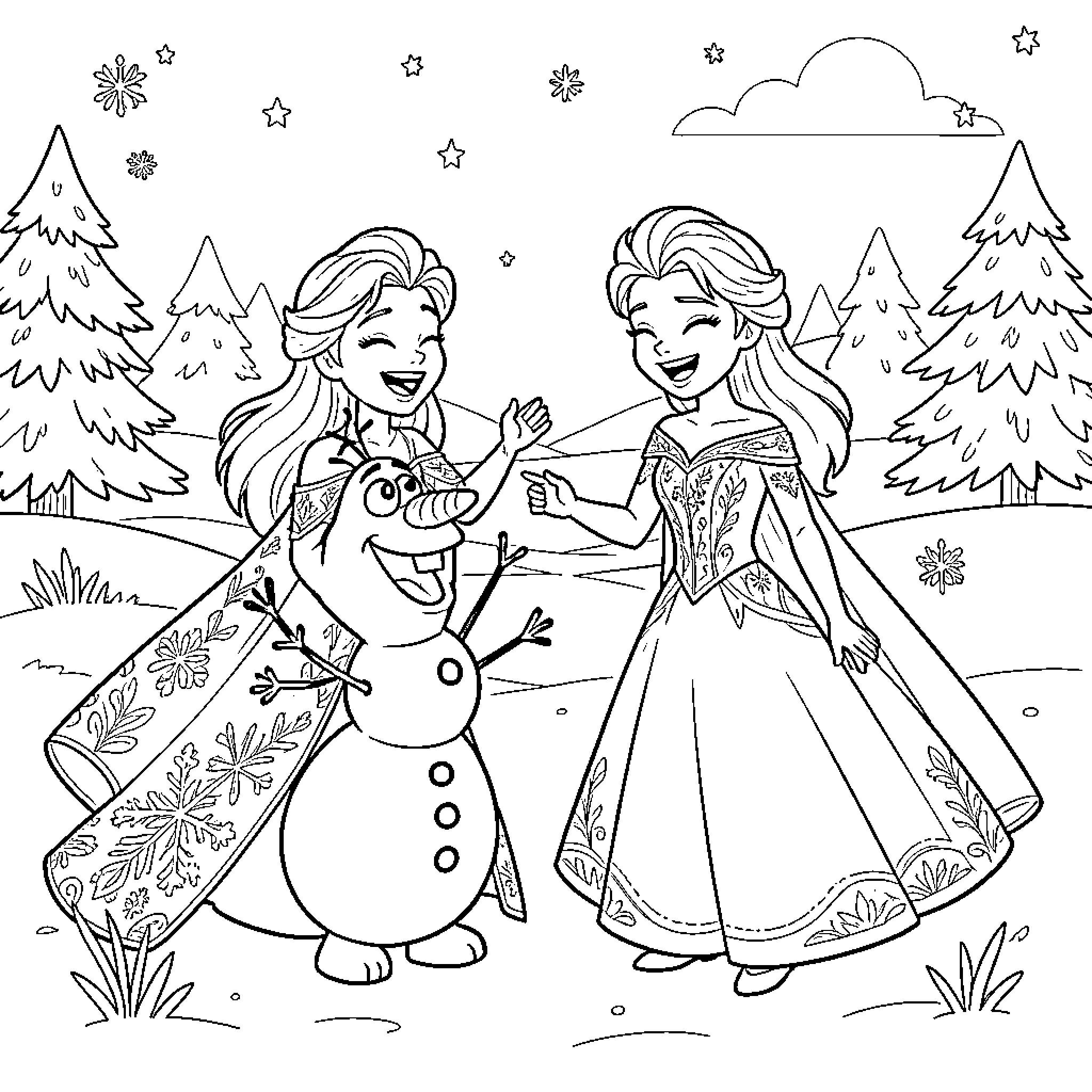 Elsa laughing joyfully with Olaf in a snowy landscape Coloring Page (free black-and-white line drawing printable PDF for all, from beginners to advanced learners, including children, teens, adults, and seniors)