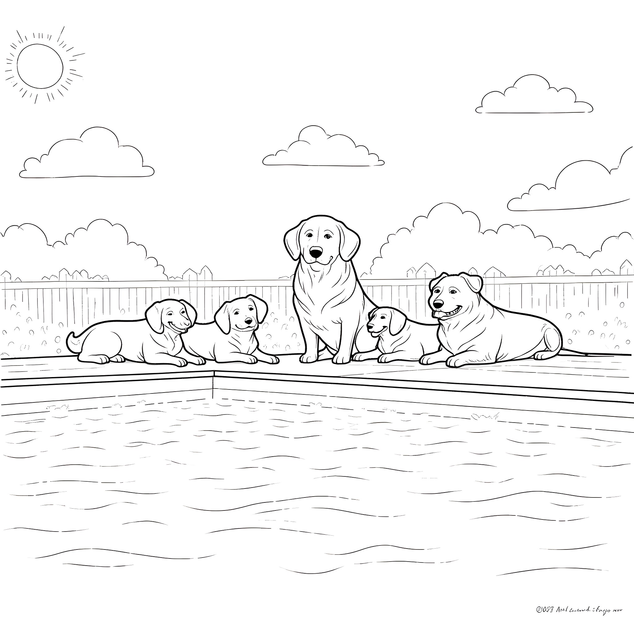 Dog family enjoying a sunny day at the pool Coloring Page (free black-and-white line drawing printable PDF for all, from beginners to advanced learners, including children, teens, adults, and seniors)