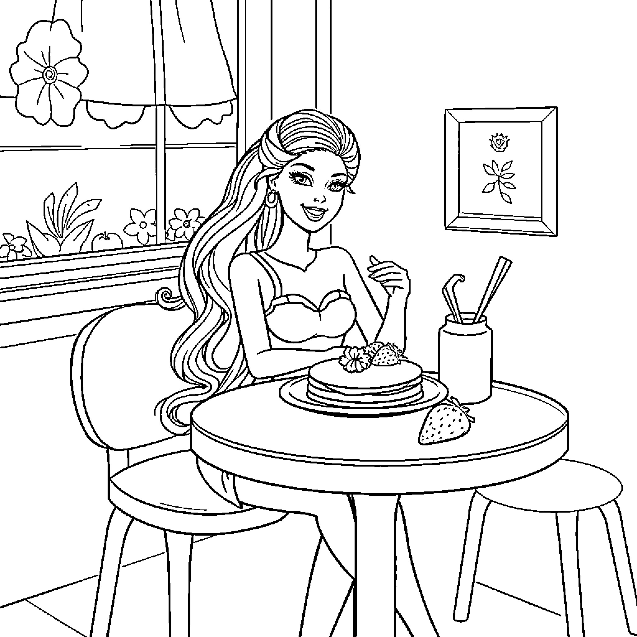 Barbie enjoys a delightful birthday treat Coloring Page (free black-and-white line drawing printable PDF for all, from beginners to advanced learners, including children, teens, adults, and seniors)