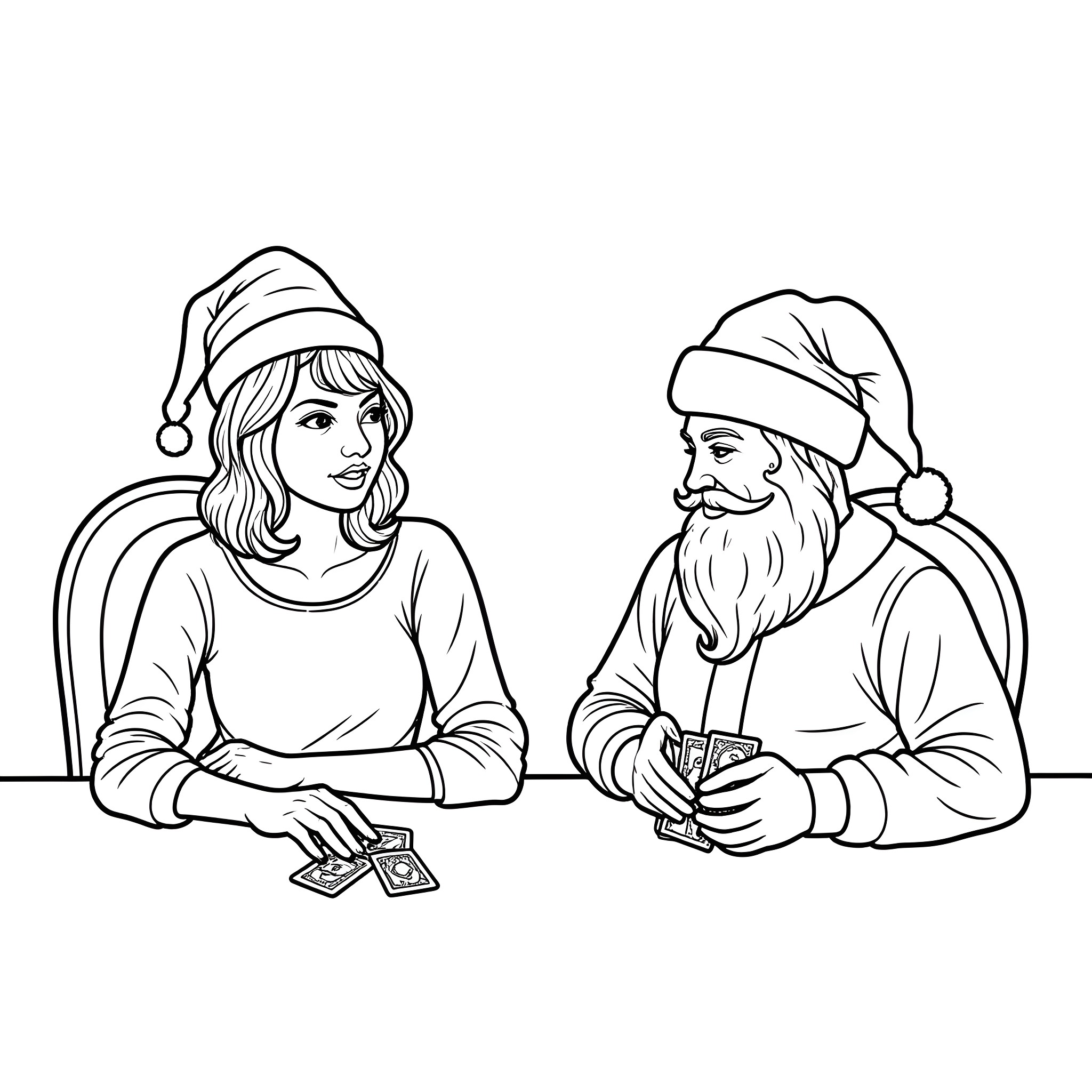 Taylor Swift playing cards with Santa Claus Coloring Page (free black-and-white line drawing printable PDF for all, from beginners to advanced learners, including children, teens, adults, and seniors)