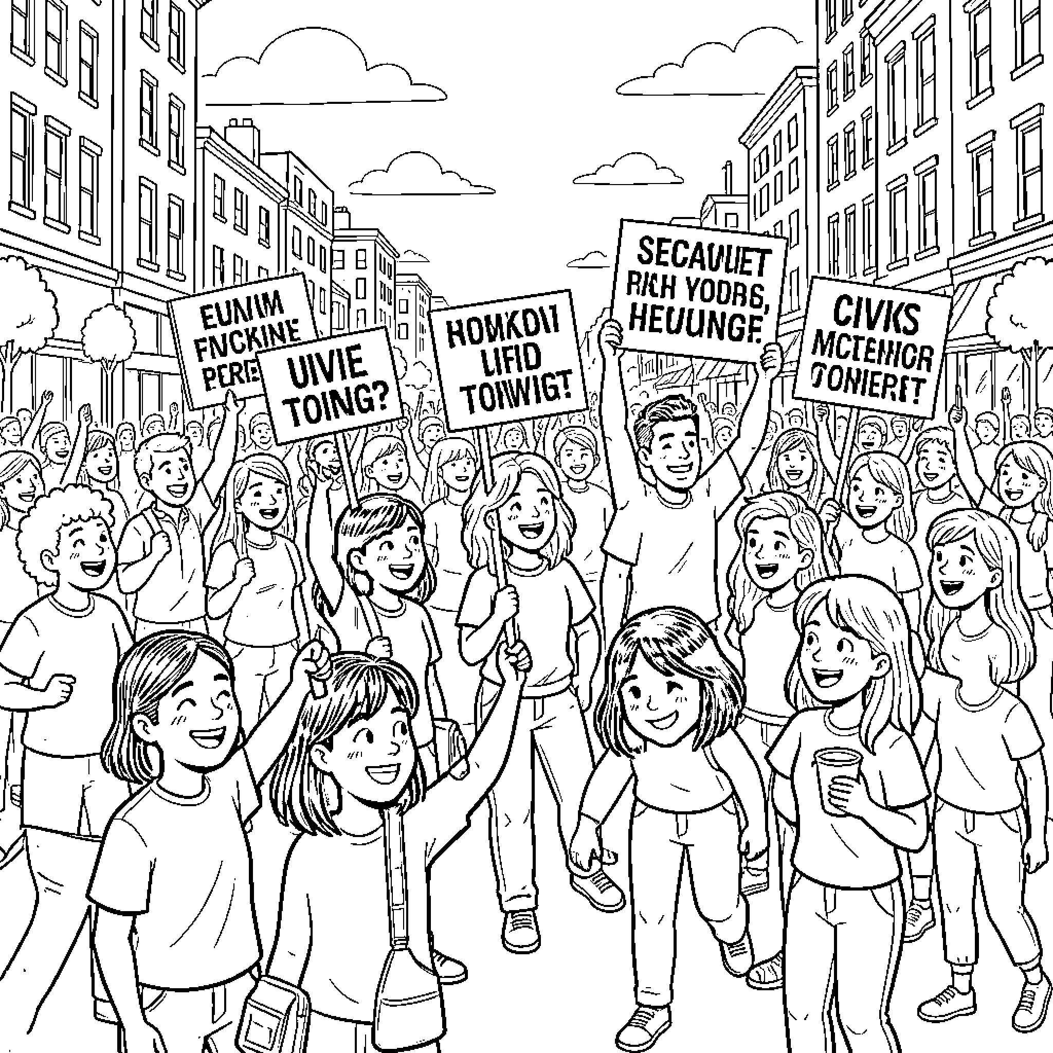 Protest with people holding signs in a city street Coloring Page (free black-and-white line drawing printable PDF for all, from beginners to advanced learners, including children, teens, adults, and seniors)