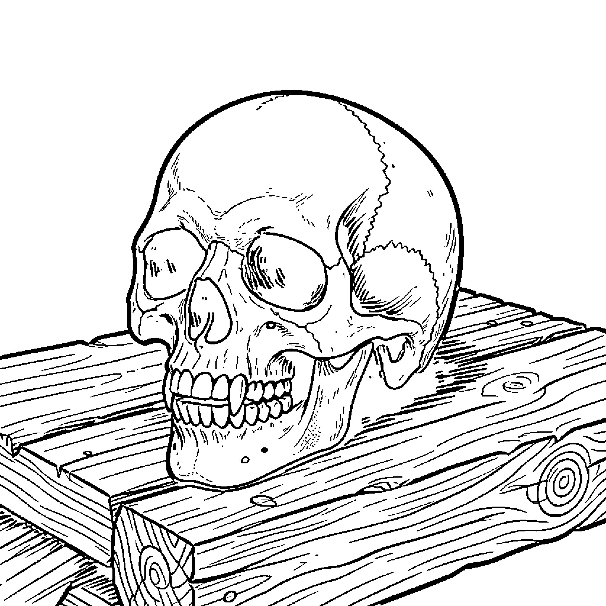 Viking Skull resting on a wooden surface Coloring Page (free black-and-white line drawing printable PDF for all, from beginners to advanced learners, including children, teens, adults, and seniors)