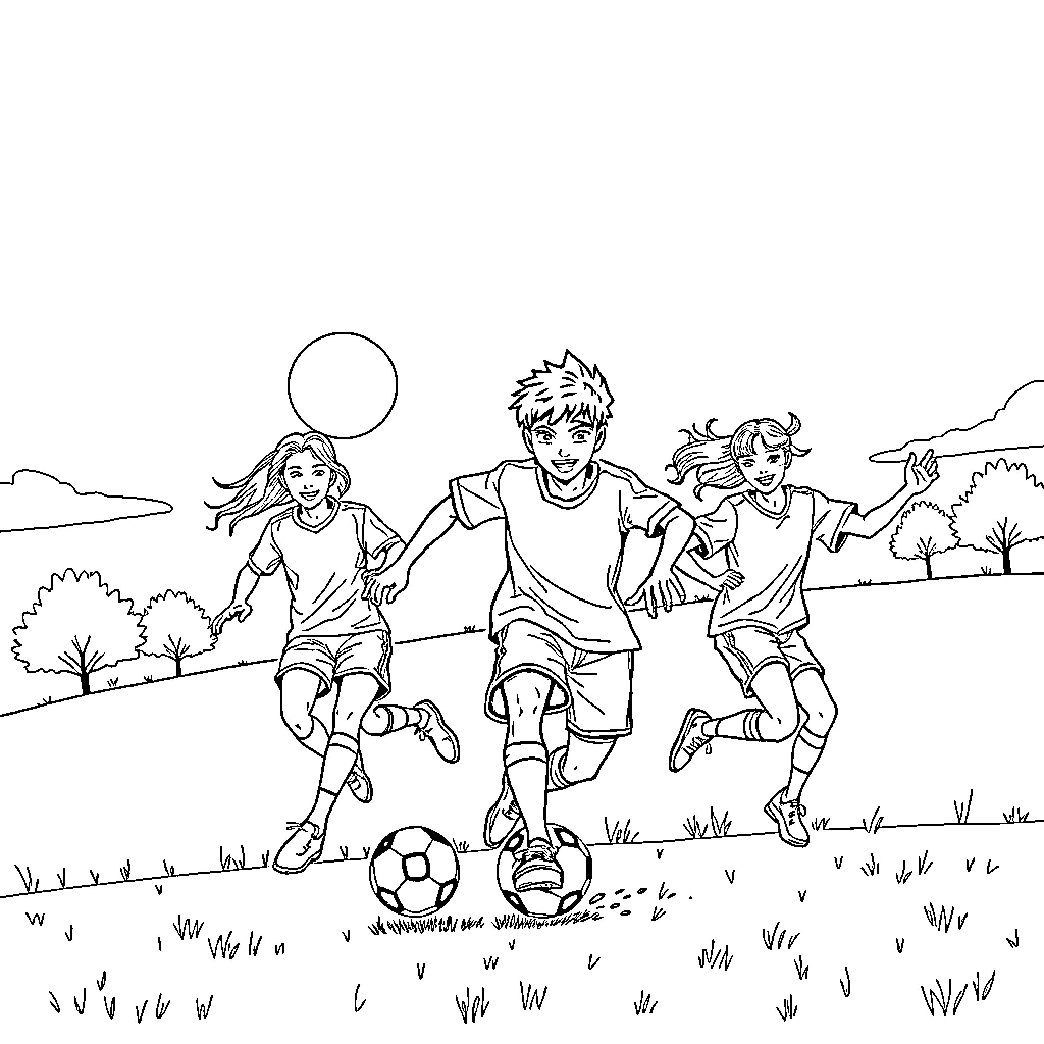 Rumi's Playful Outdoor Adventure with Friends Coloring Page (free black-and-white line drawing printable PDF for all, from beginners to advanced learners, including children, teens, adults, and seniors)