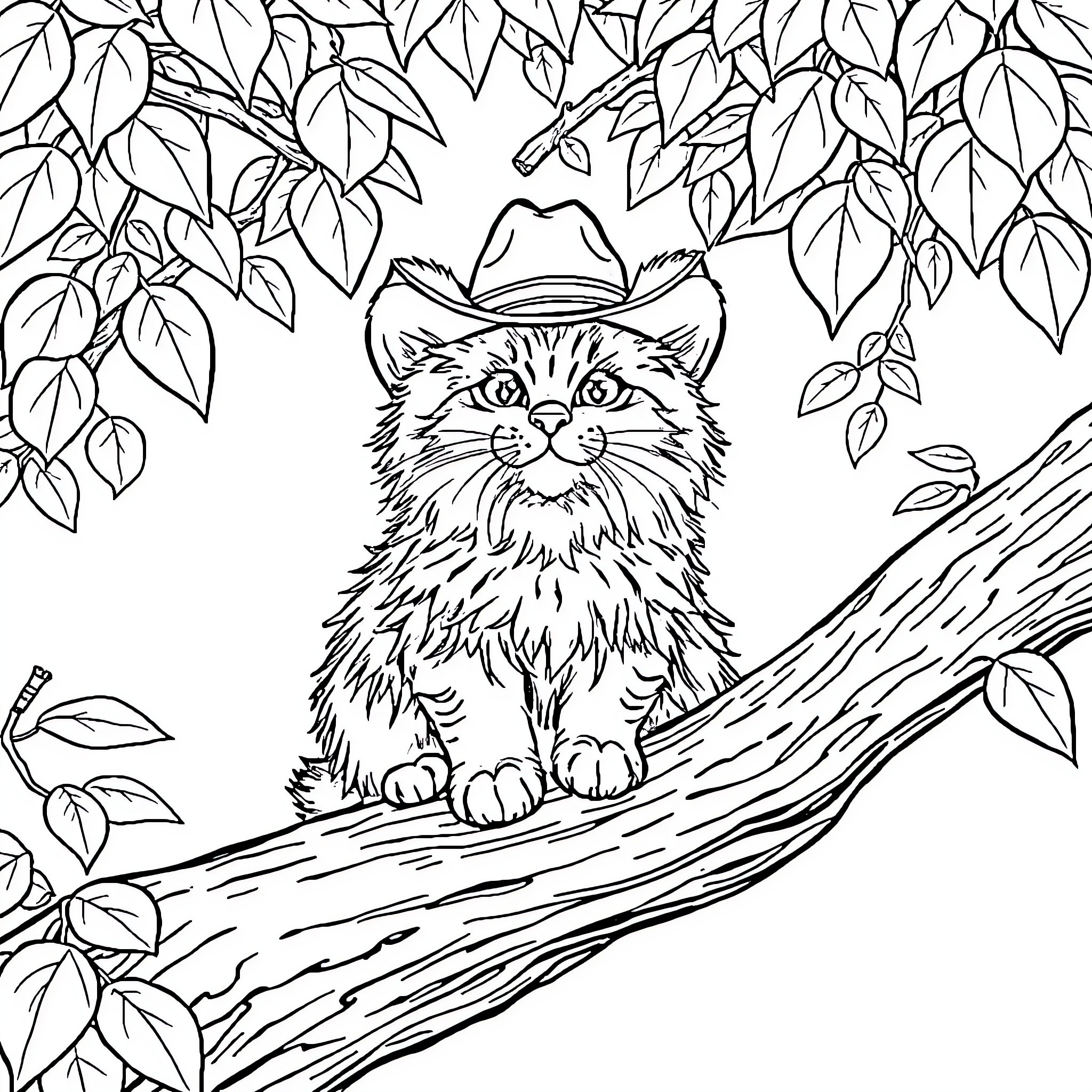 Cat in the Wilderness with Leaves Coloring Page (free black-and-white line drawing printable PDF for all, from beginners to advanced learners, including children, teens, adults, and seniors)
