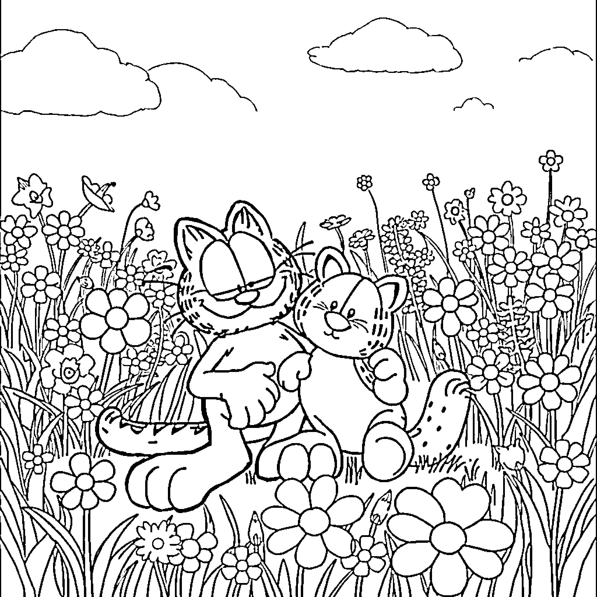 Garfield playing with kittens in a flowery meadow Coloring Page (free black-and-white line drawing printable PDF for all, from beginners to advanced learners, including children, teens, adults, and seniors)