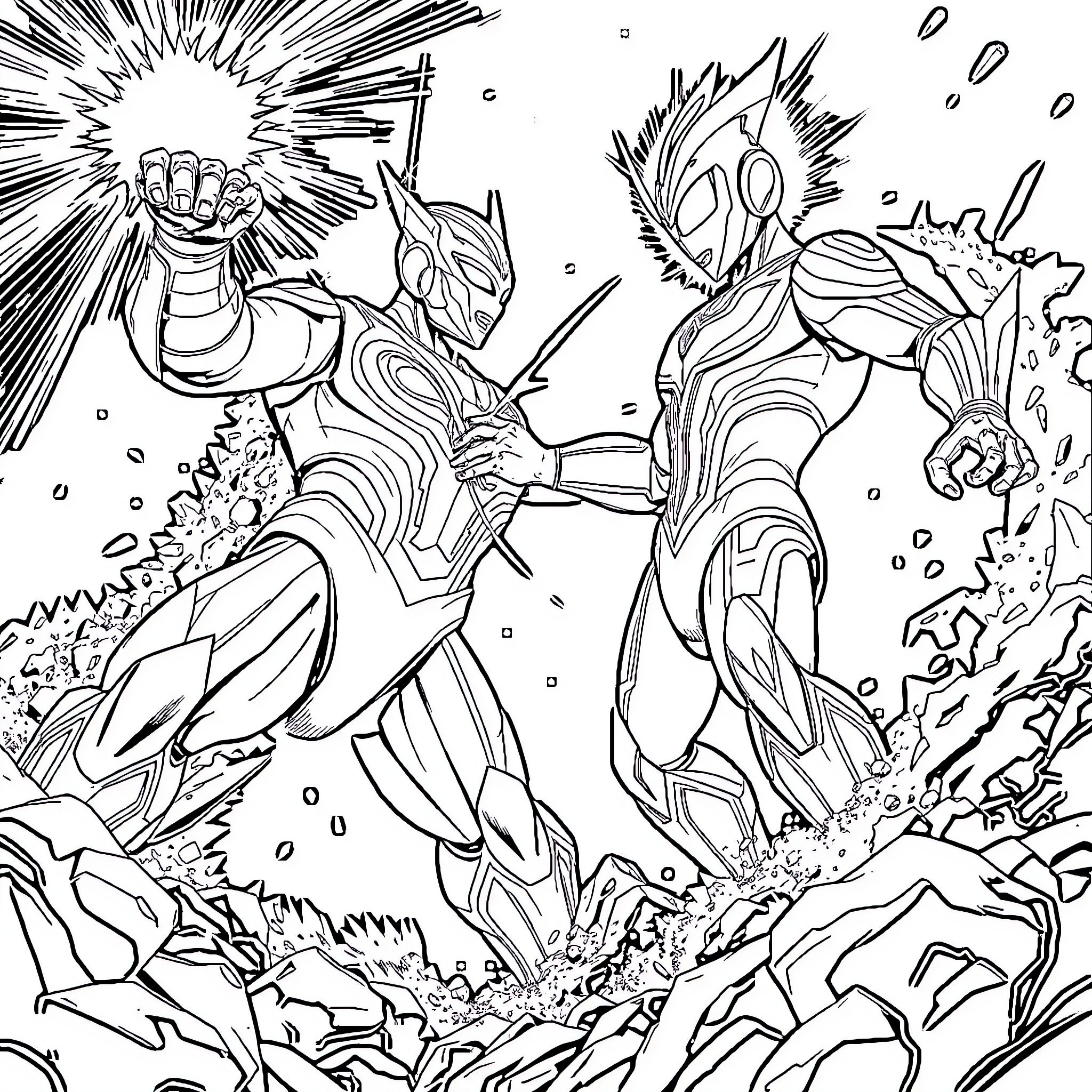 Monster Warriors Clashing in Dramatic Battle Coloring Page (free black-and-white line drawing printable PDF for all, from beginners to advanced learners, including children, teens, adults, and seniors)