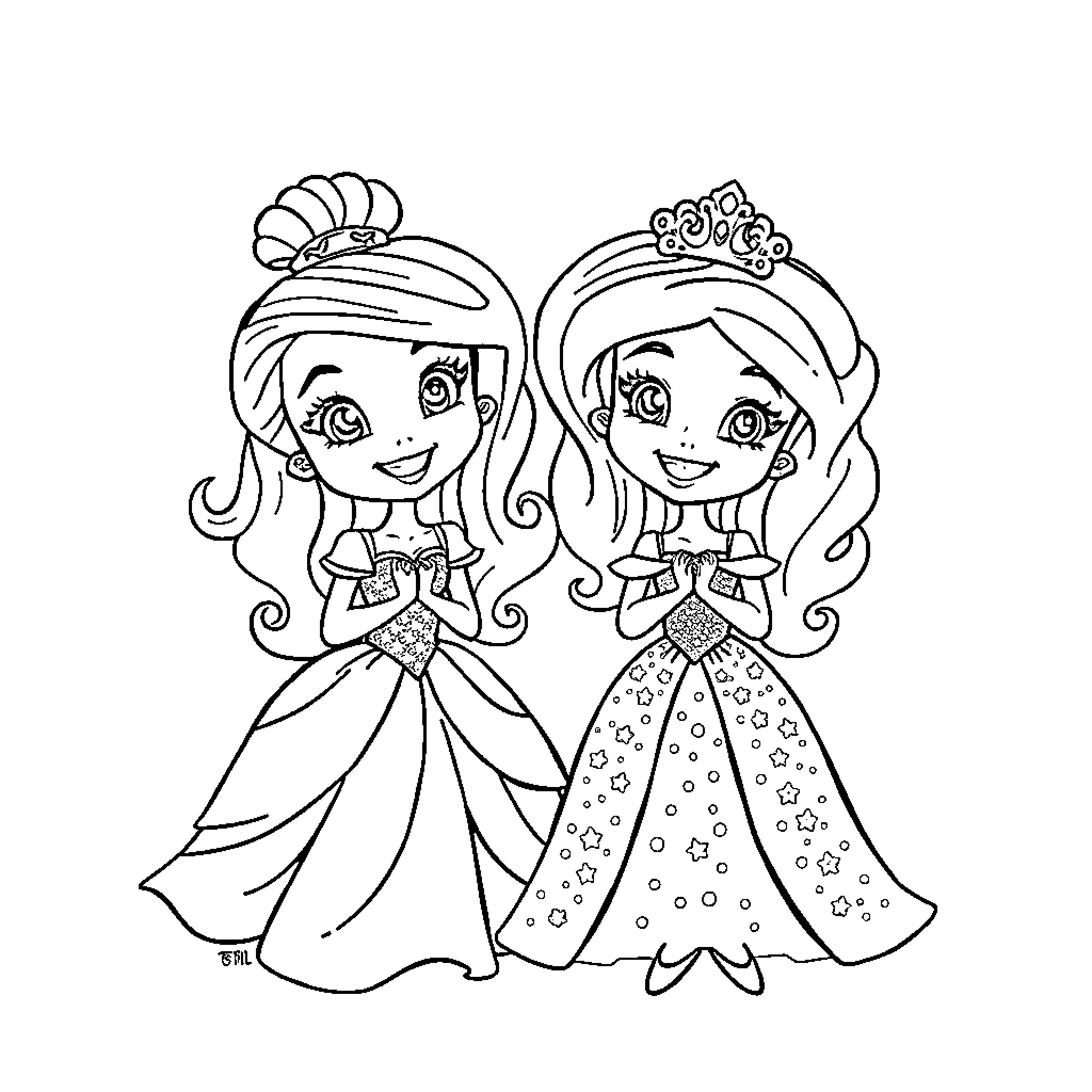 Princess Sisters Embracing in Beautiful Dresses Coloring Page (free black-and-white line drawing printable PDF for all, from beginners to advanced learners, including children, teens, adults, and seniors)