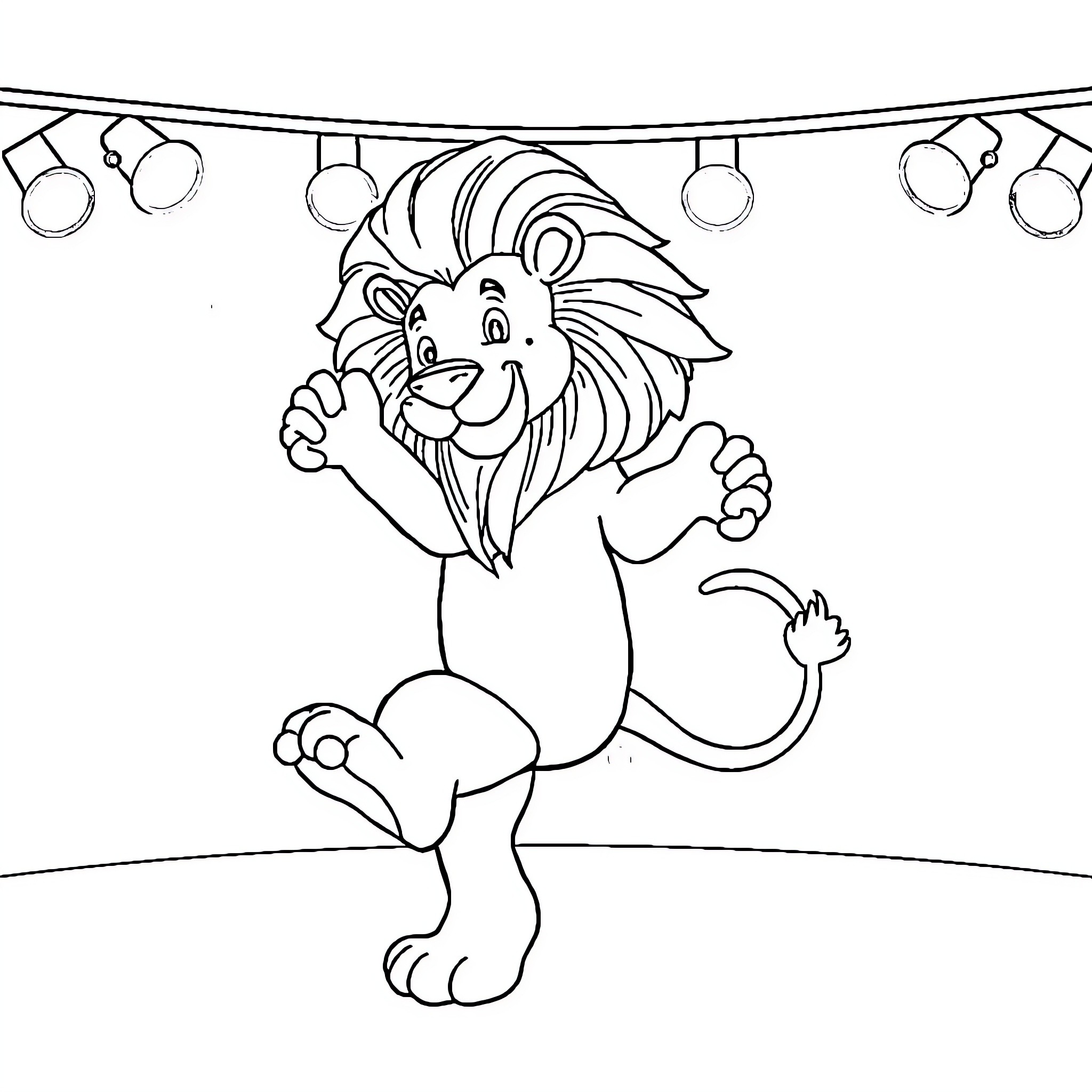 Lion performing tricks under circus lights Coloring Page (free black-and-white line drawing printable PDF for all, from beginners to advanced learners, including children, teens, adults, and seniors)