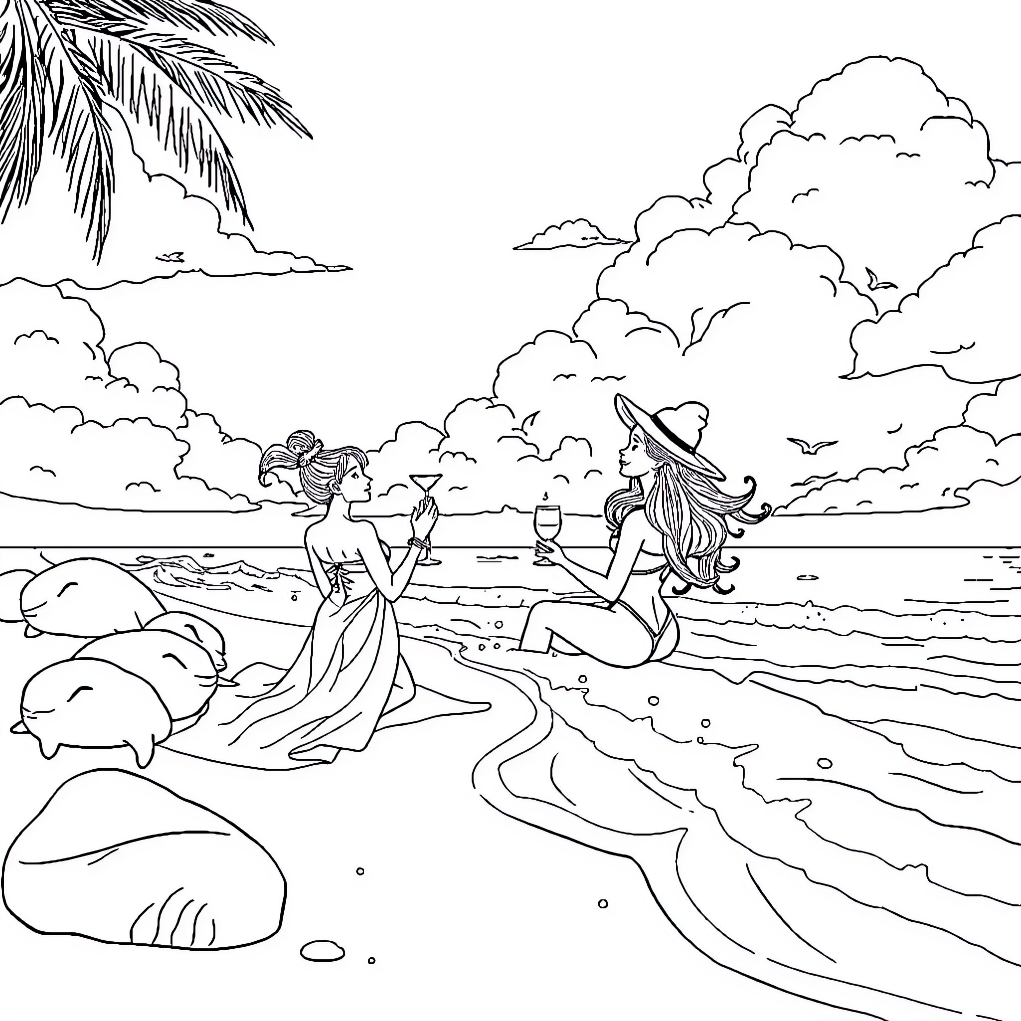 Raiponce enjoying a beach day with friends Coloring Page (free black-and-white line drawing printable PDF for all, from beginners to advanced learners, including children, teens, adults, and seniors)