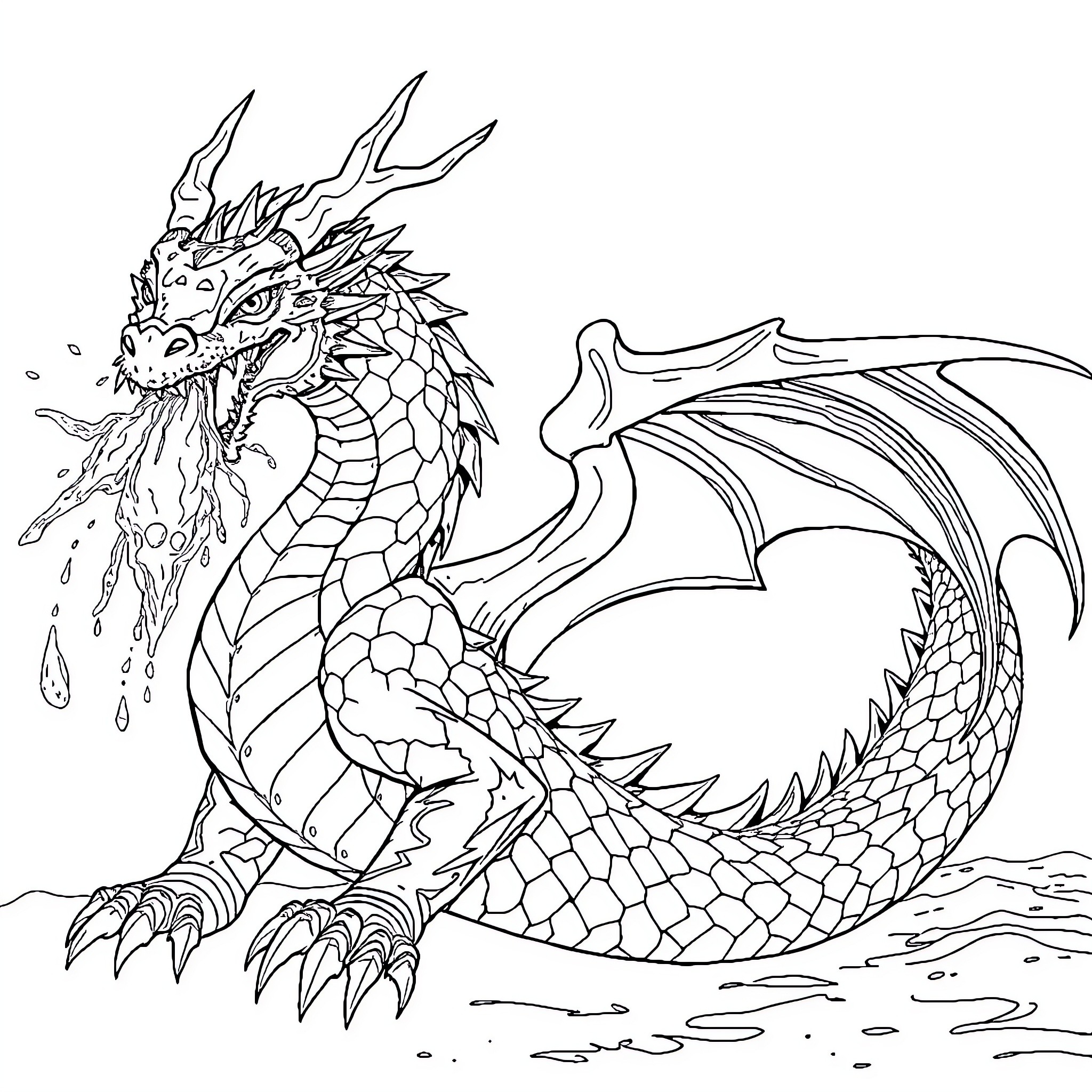 Ice Dragon Unleashing Fierce Presence in Majestic Pose Coloring Page (free black-and-white line drawing printable PDF for all, from beginners to advanced learners, including children, teens, adults, and seniors)