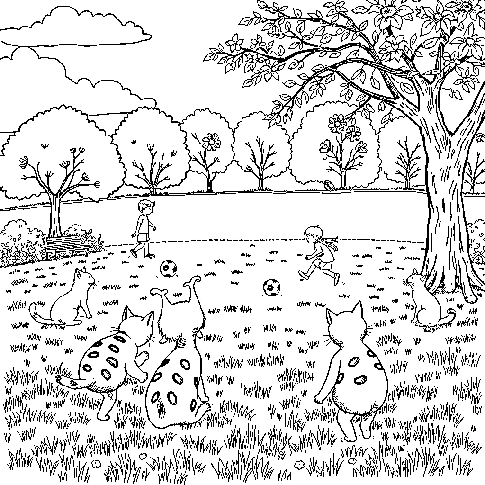Cat playing in a park with children and dogs Coloring Page (free black-and-white line drawing printable PDF for all, from beginners to advanced learners, including children, teens, adults, and seniors)