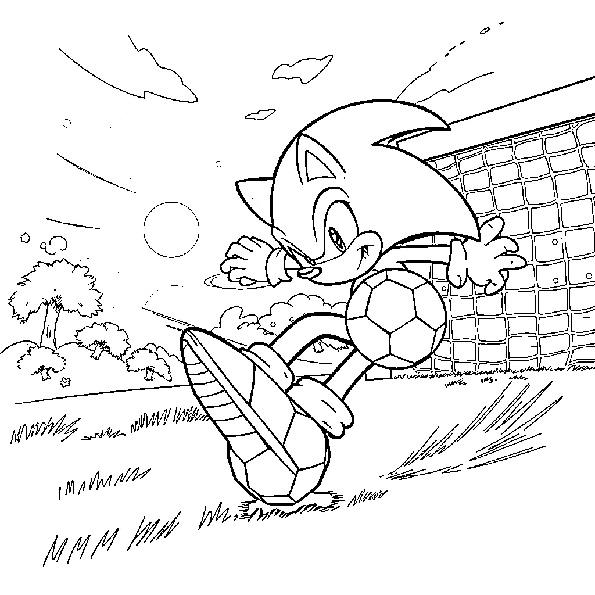 Sonic playing with a soccer ball in the park Coloring Page (free black-and-white line drawing printable PDF for all, from beginners to advanced learners, including children, teens, adults, and seniors)