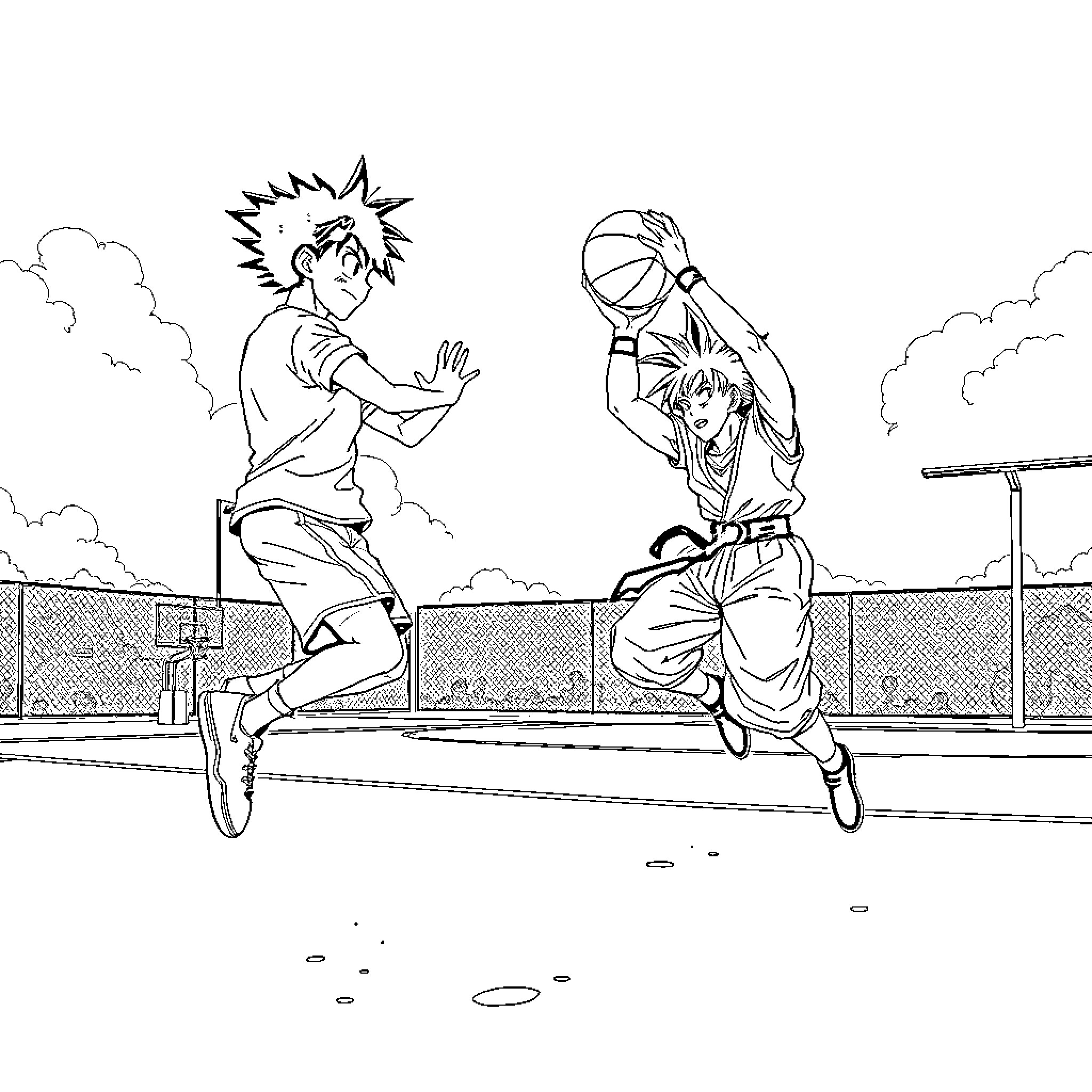 Rin Okumura playing basketball enthusiastically Coloring Page (free black-and-white line drawing printable PDF for all, from beginners to advanced learners, including children, teens, adults, and seniors)