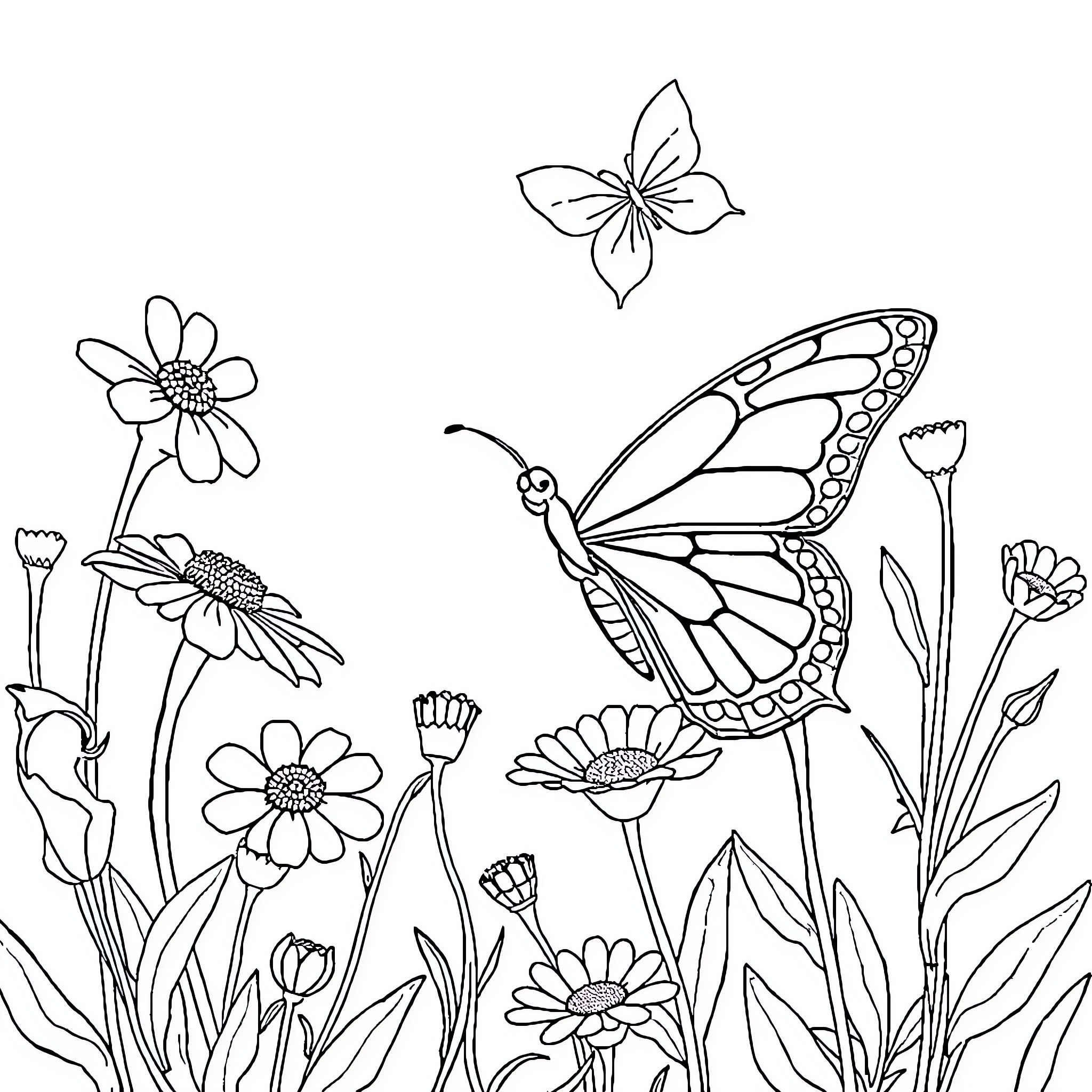 Butterfly flying amidst floral garden Coloring Page (free black-and-white line drawing printable PDF for all, from beginners to advanced learners, including children, teens, adults, and seniors)