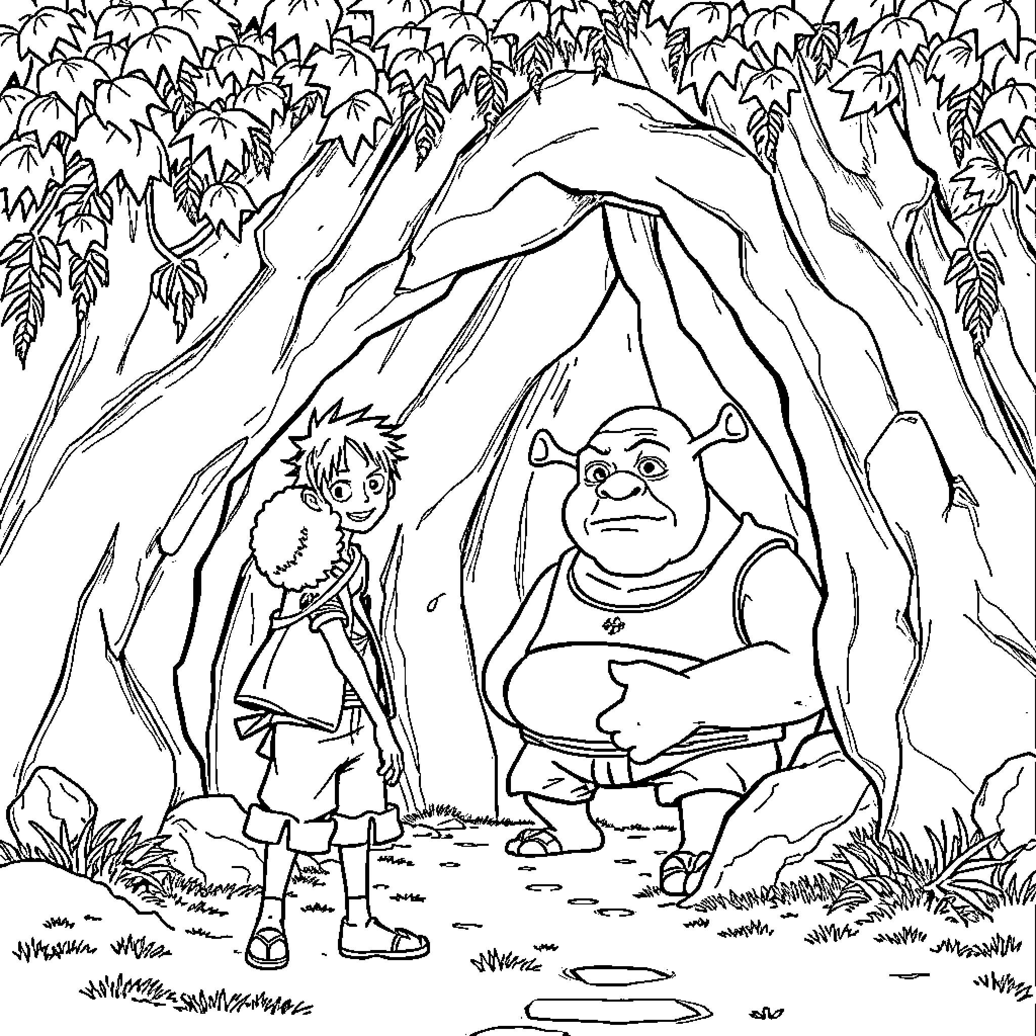 Luffy and Shrek exploring the jungle adventure Coloring Page (free black-and-white line drawing printable PDF for all, from beginners to advanced learners, including children, teens, adults, and seniors)