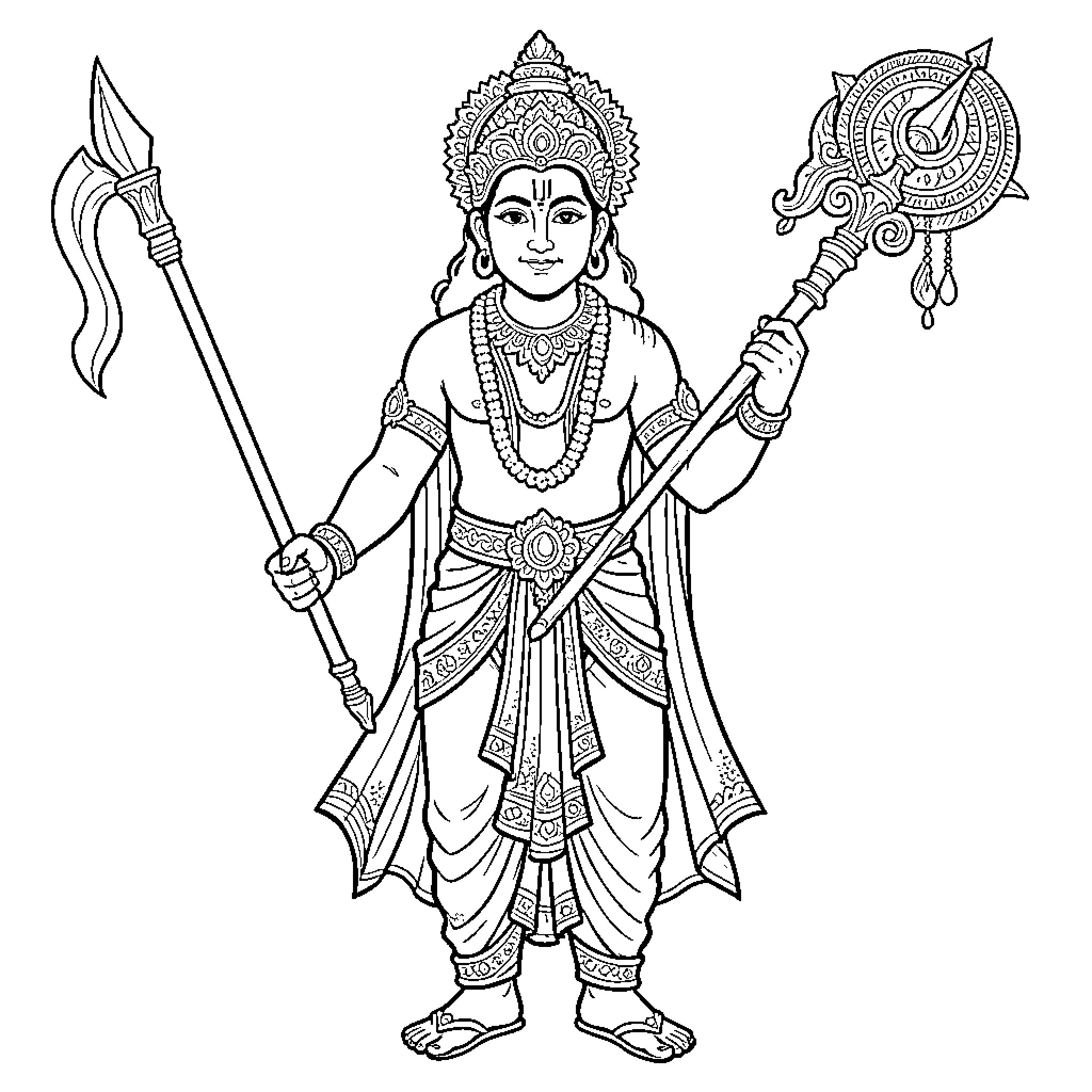 Murugan standing majestically while holding divine weapons Coloring Page (free black-and-white line drawing printable PDF for all, from beginners to advanced learners, including children, teens, adults, and seniors)