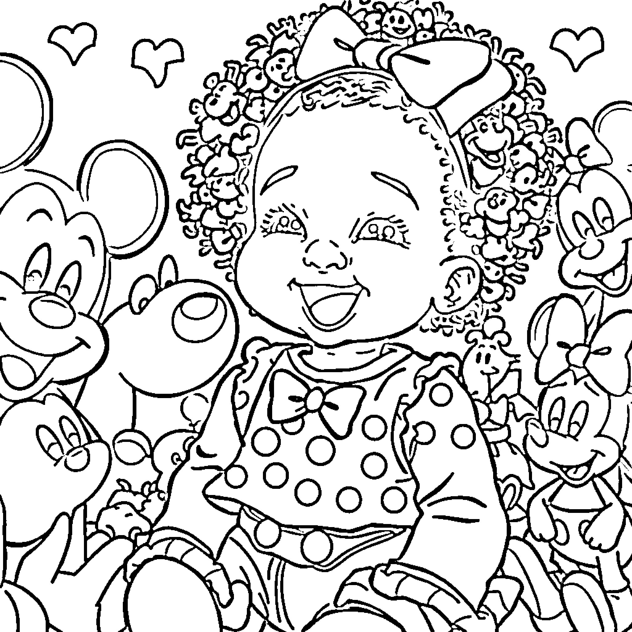 Evangeline playing joyfully amidst whimsical characters Coloring Page (free black-and-white line drawing printable PDF for all, from beginners to advanced learners, including children, teens, adults, and seniors)