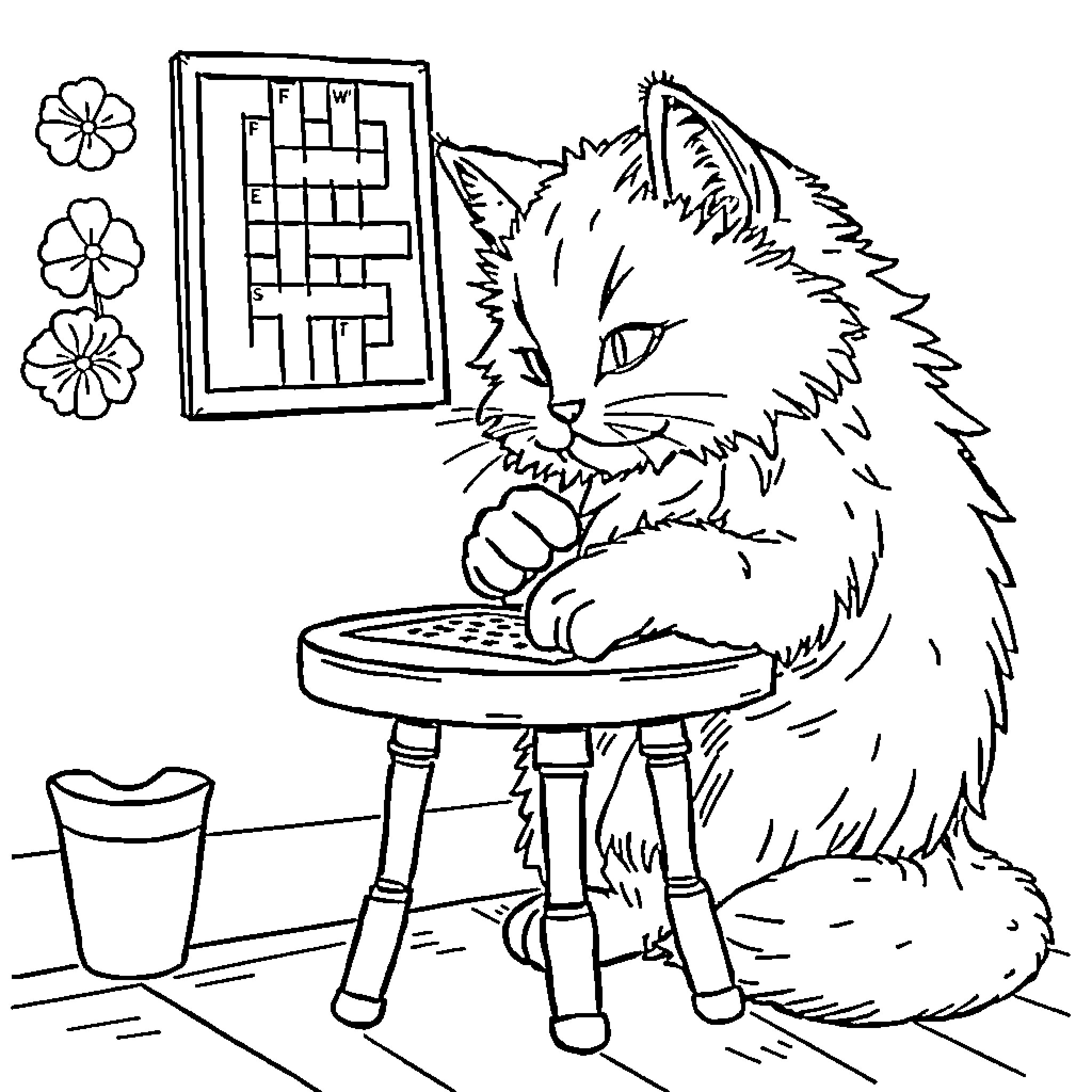 Cat solving crossword puzzle Coloring Page (free black-and-white line drawing printable PDF for all, from beginners to advanced learners, including children, teens, adults, and seniors)