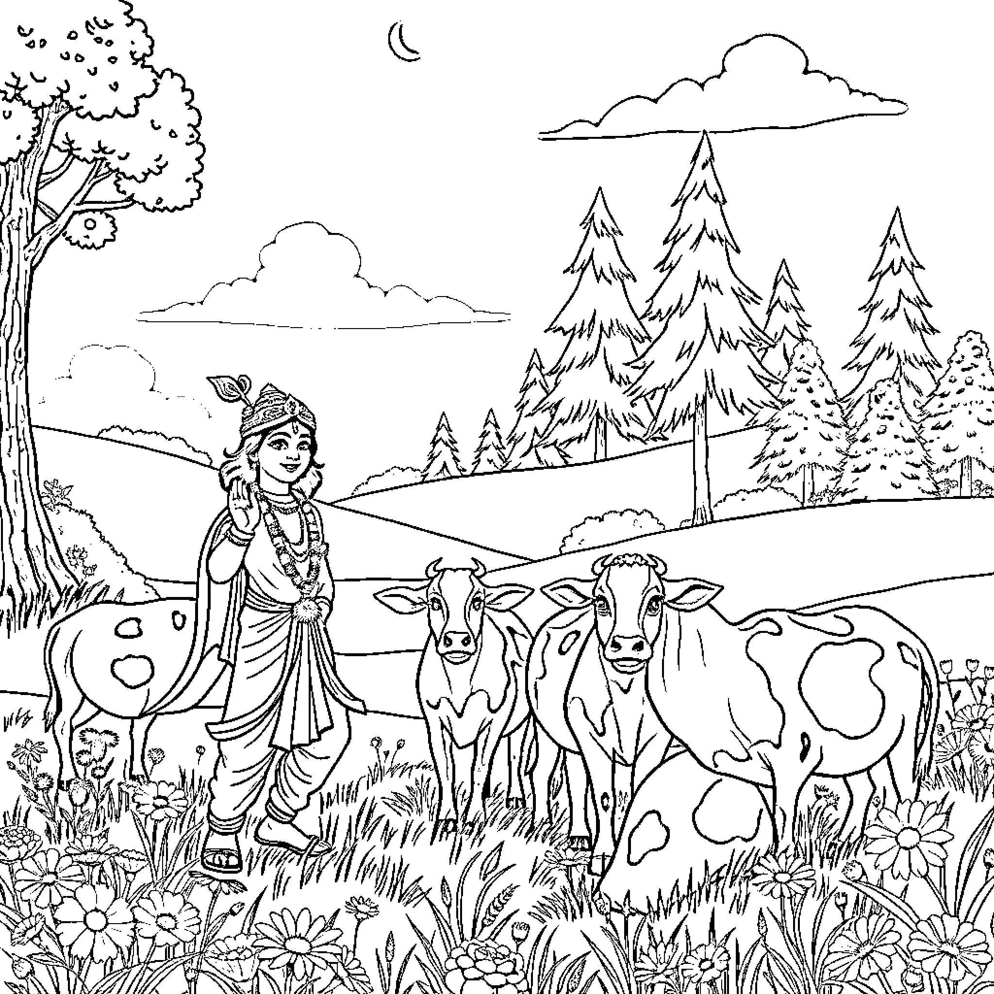Krishna tending to cows in serene pastoral scene Coloring Page (free black-and-white line drawing printable PDF for all, from beginners to advanced learners, including children, teens, adults, and seniors)