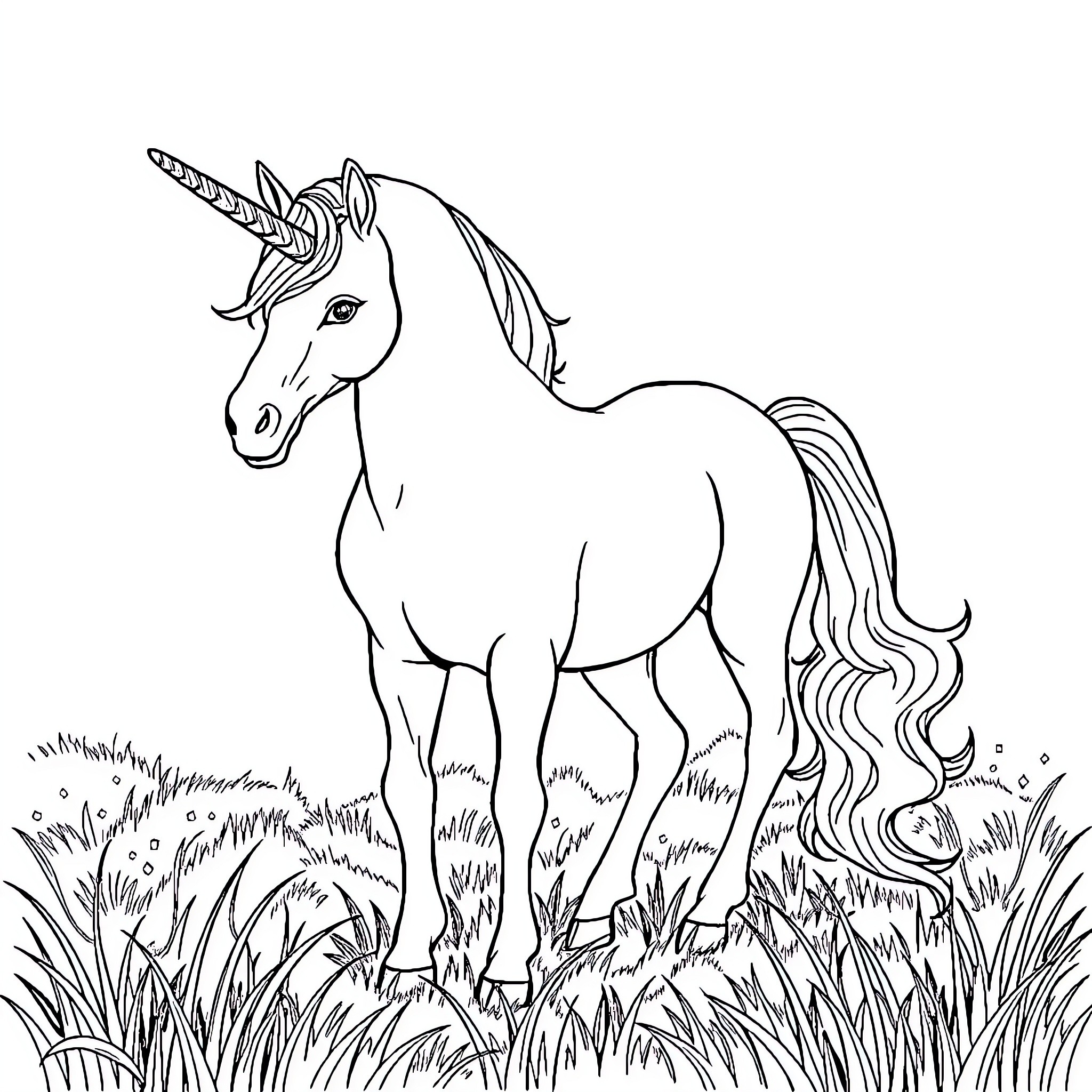Unicorn standing proudly in lush green meadow Coloring Page (free black-and-white line drawing printable PDF for all, from beginners to advanced learners, including children, teens, adults, and seniors)