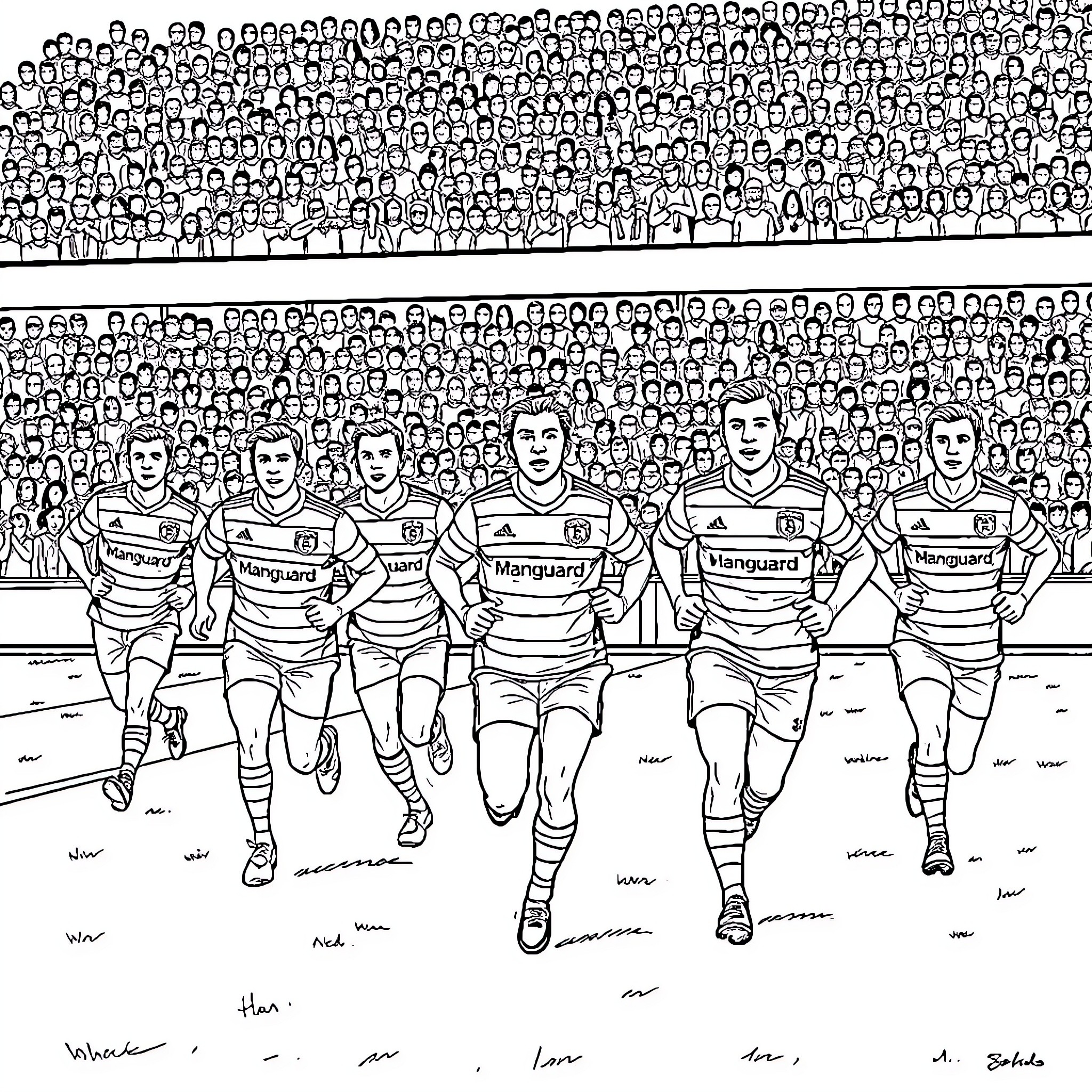 Football players in uniform running on the field Coloring Page (free black-and-white line drawing printable PDF for all, from beginners to advanced learners, including children, teens, adults, and seniors)