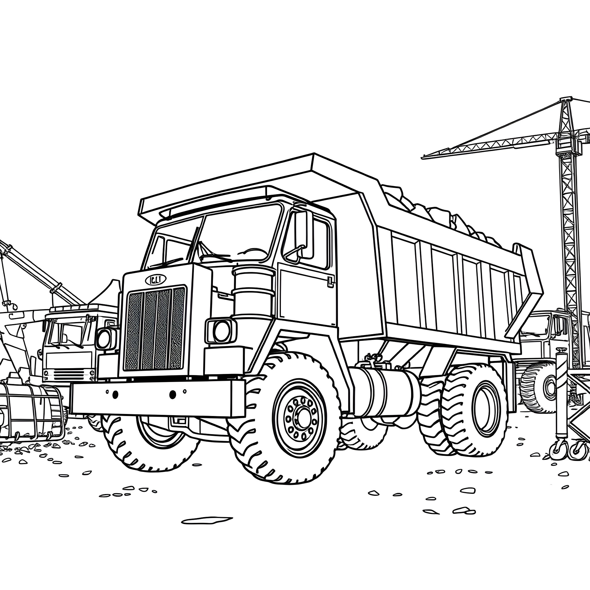 Dump Truck Working at a Construction Site Coloring Page (free black-and-white line drawing printable PDF for all, from beginners to advanced learners, including children, teens, adults, and seniors)