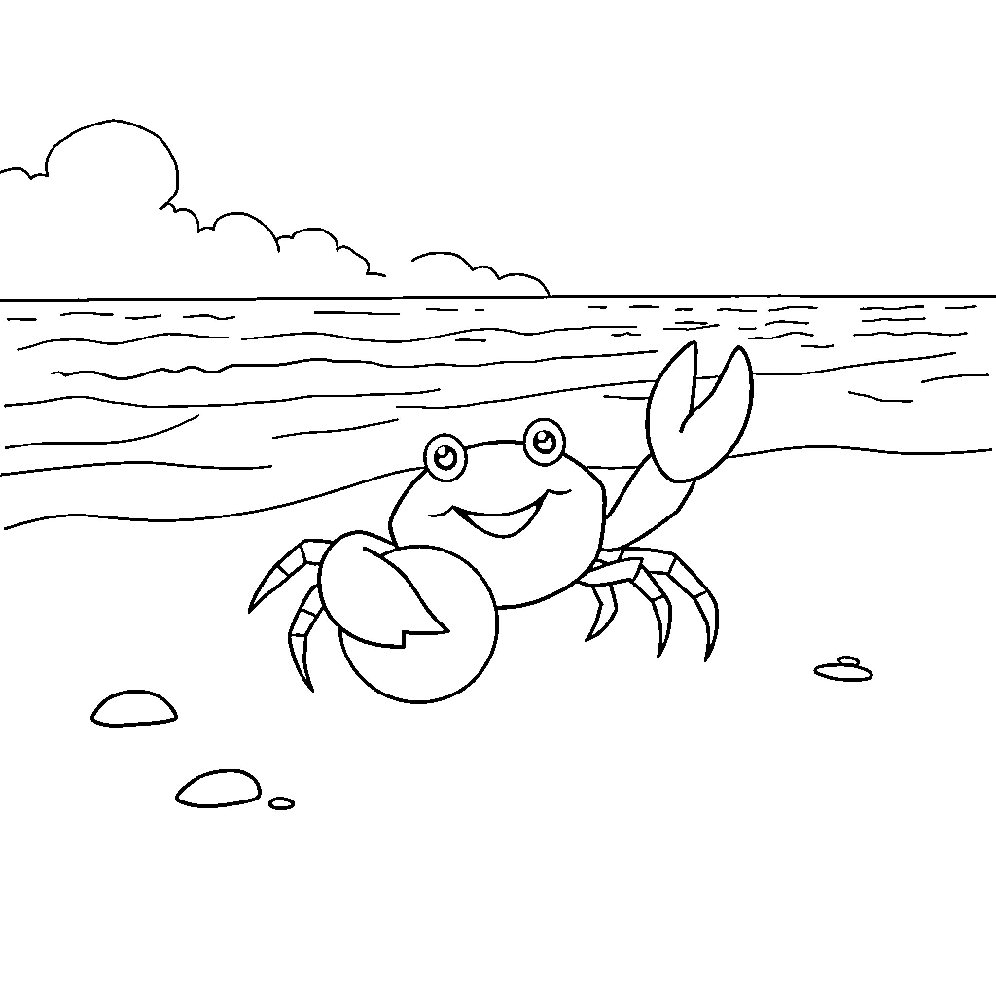 Crab scuttling happily on the beach Coloring Page (free black-and-white line drawing printable PDF for all, from beginners to advanced learners, including children, teens, adults, and seniors)