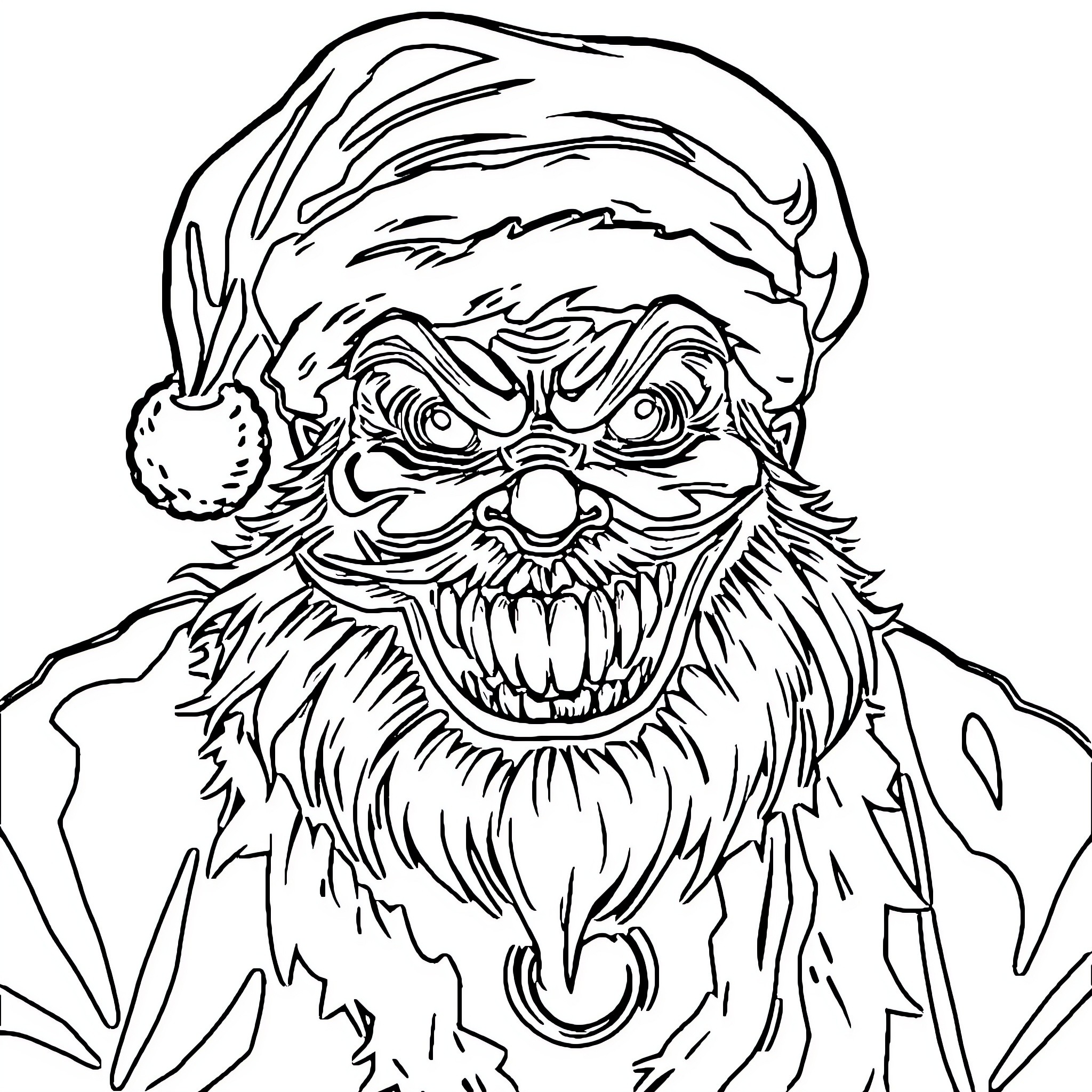 Santa's Spooky Smile: A Frightful Holiday Encounter Coloring Page (free black-and-white line drawing printable PDF for all, from beginners to advanced learners, including children, teens, adults, and seniors)