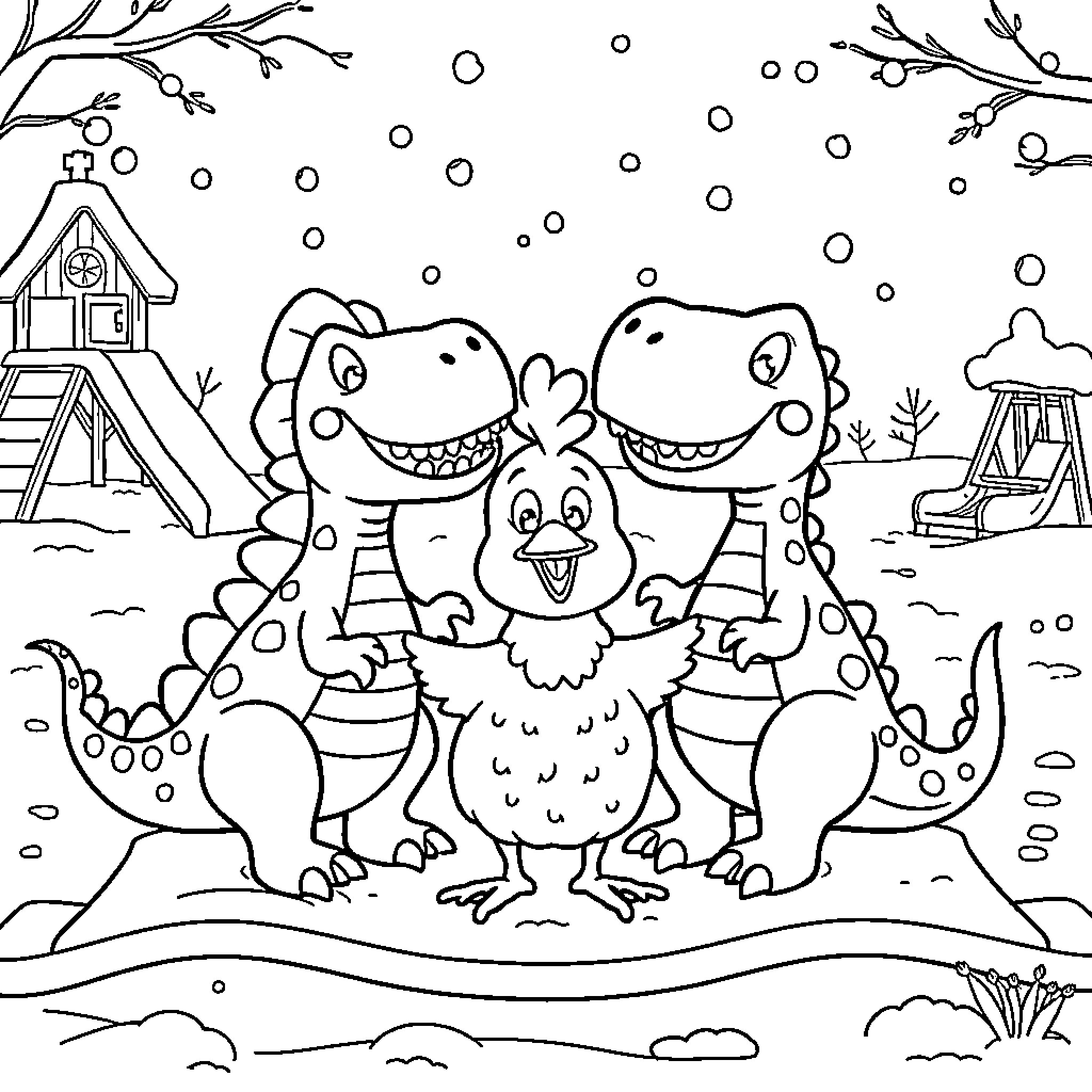 Dinosaurs playing happily in the winter landscape Coloring Page (free black-and-white line drawing printable PDF for all, from beginners to advanced learners, including children, teens, adults, and seniors)