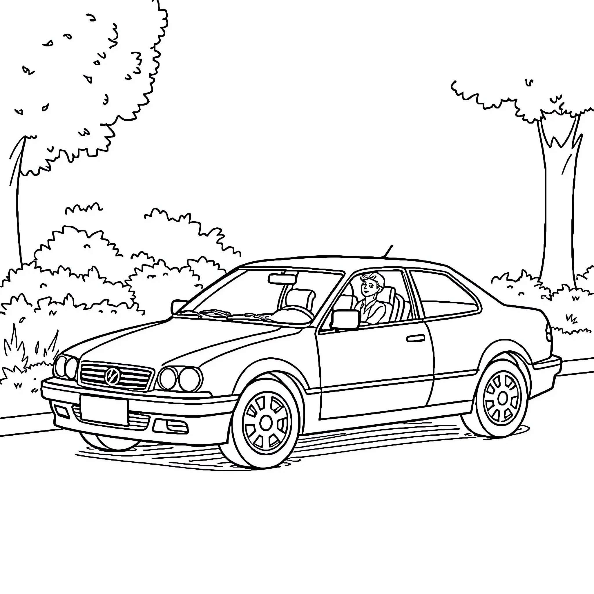 Car driving through scenic countryside Coloring Page (free black-and-white line drawing printable PDF for all, from beginners to advanced learners, including children, teens, adults, and seniors)