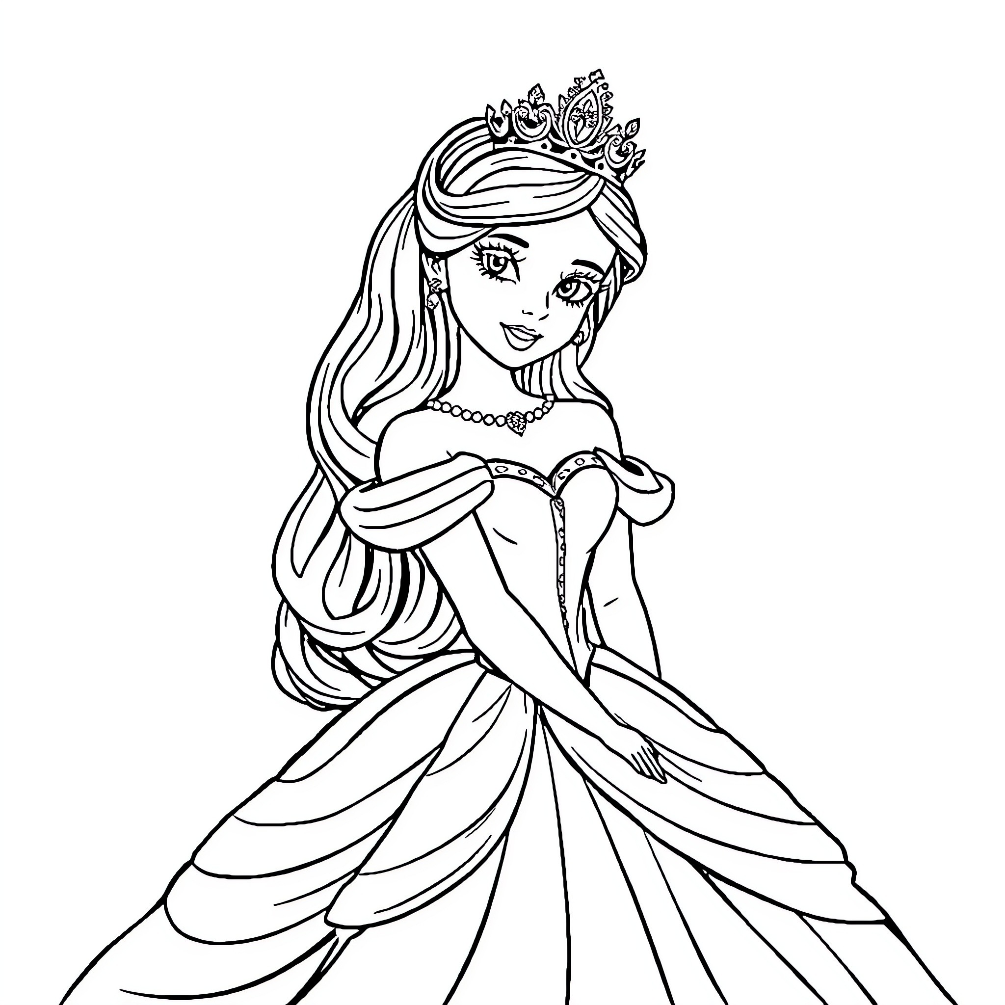 Princess in a Elegant Ball Gown Coloring Page (free black-and-white line drawing printable PDF for all, from beginners to advanced learners, including children, teens, adults, and seniors)