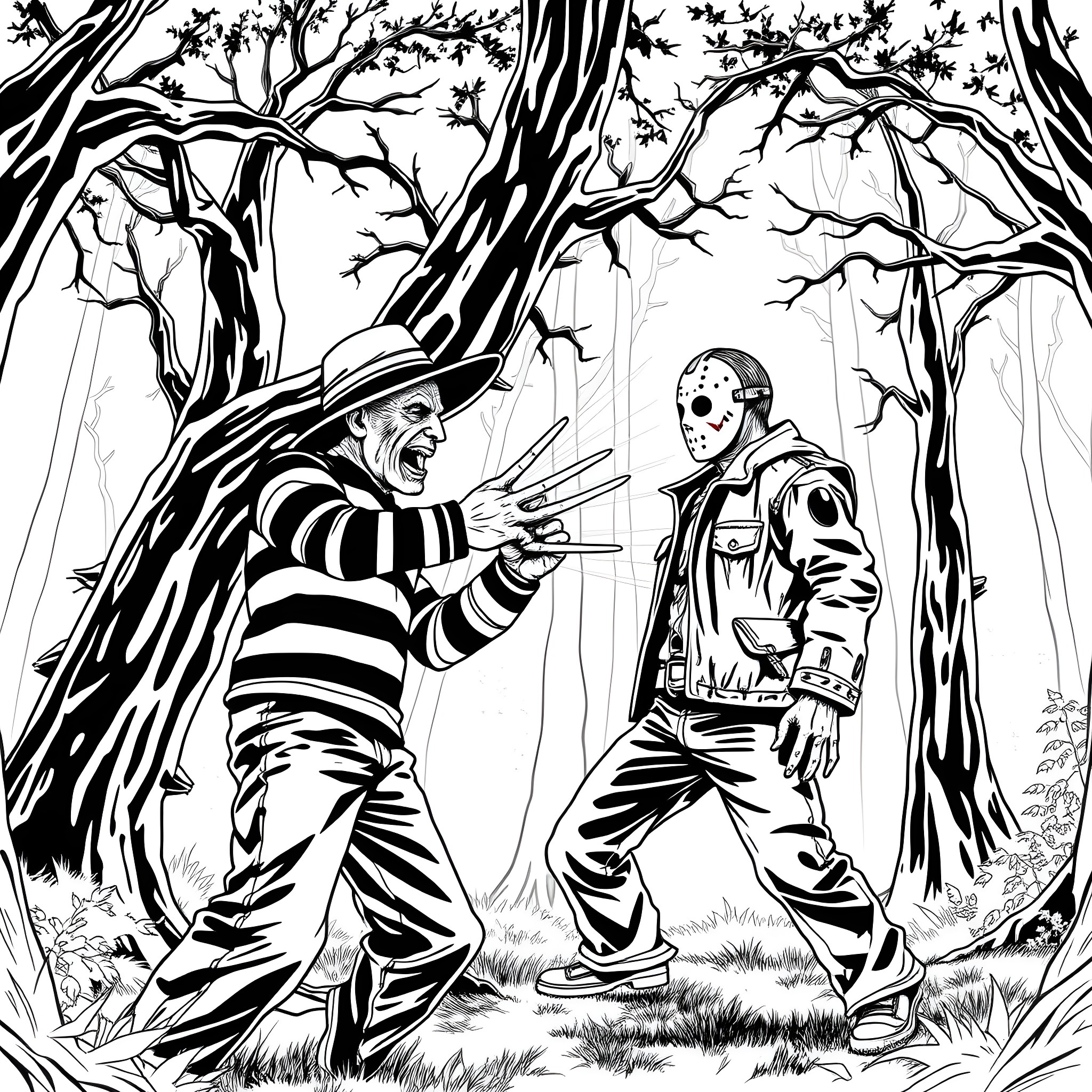 Freddy Kruger confronts masked villain in dark forest Coloring Page (free black-and-white line drawing printable PDF for all, from beginners to advanced learners, including children, teens, adults, and seniors)