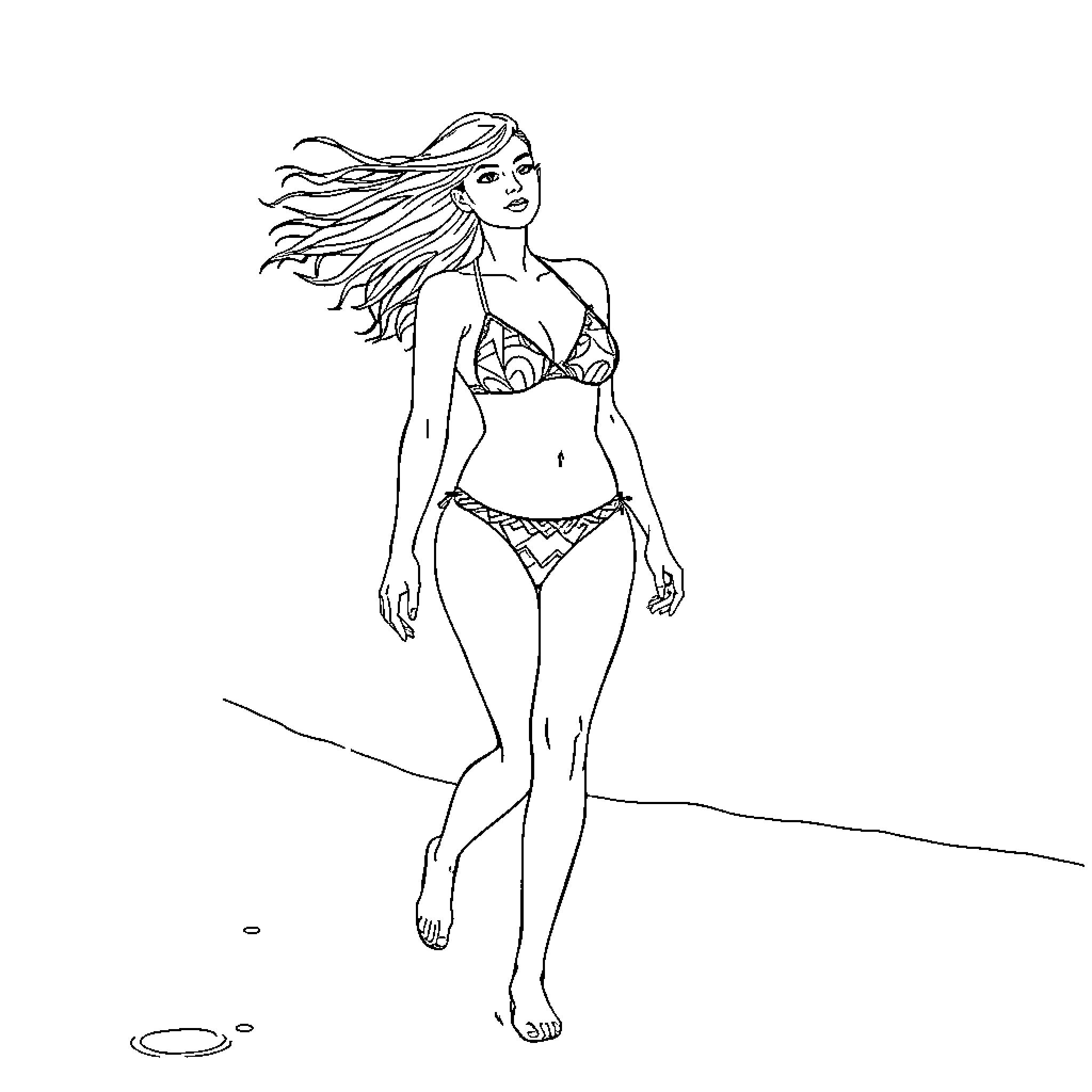 Woman in bikini walking on the beach Coloring Page (free black-and-white line drawing printable PDF for all, from beginners to advanced learners, including children, teens, adults, and seniors)