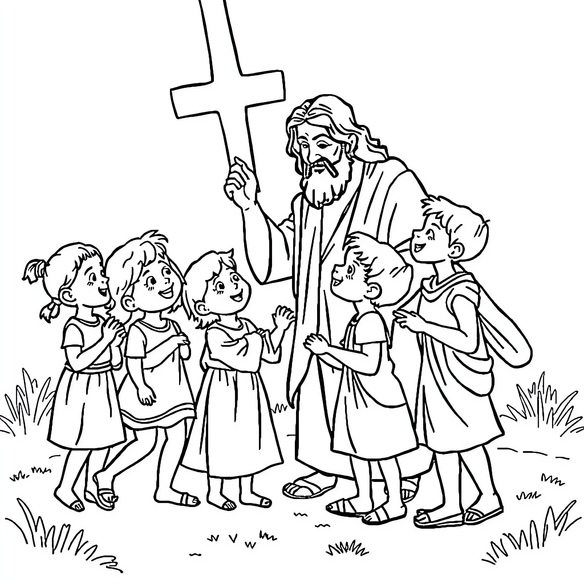 Children gathered around Jesus with cross Coloring Page (free black-and-white line drawing printable PDF for all, from beginners to advanced learners, including children, teens, adults, and seniors)