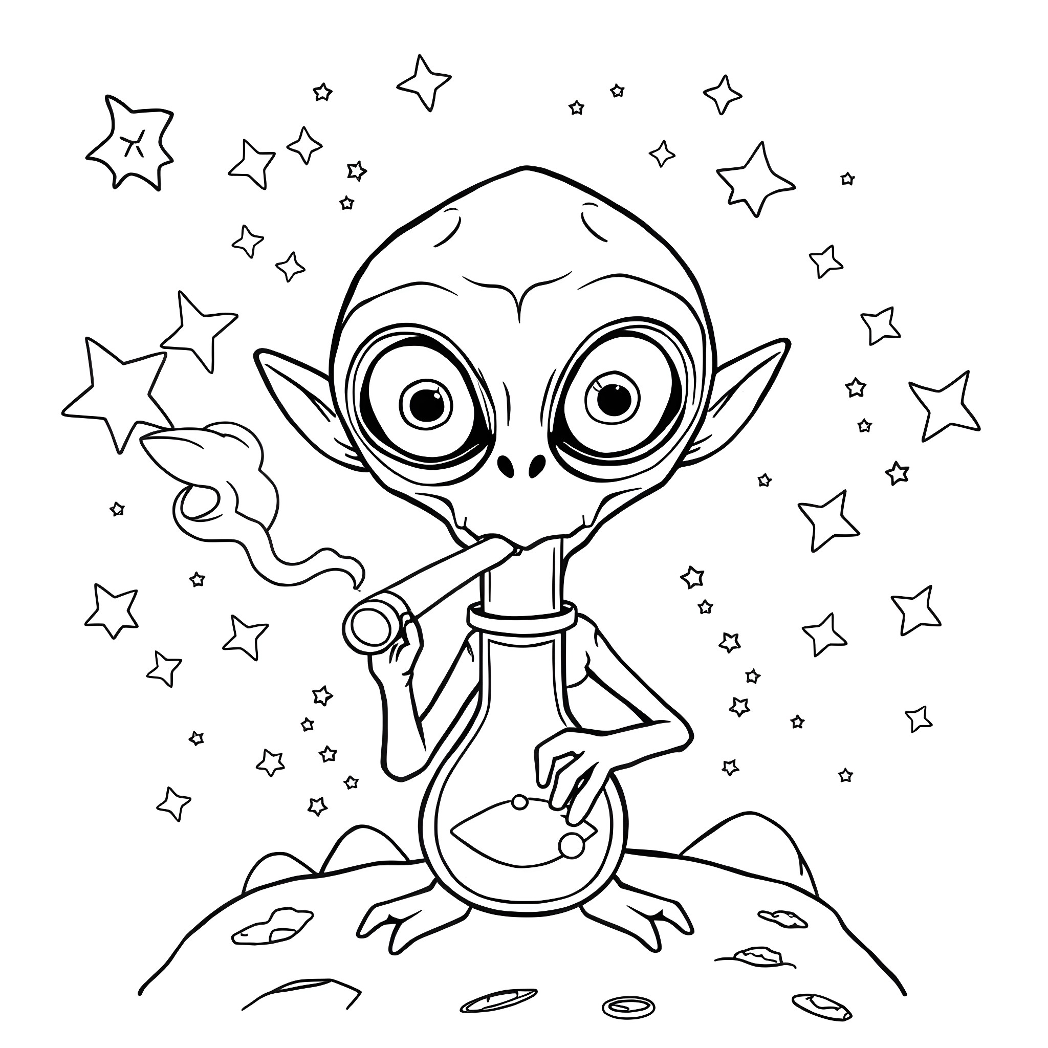 Alien astronaut exploring the galaxy Coloring Page (free black-and-white line drawing printable PDF for all, from beginners to advanced learners, including children, teens, adults, and seniors)