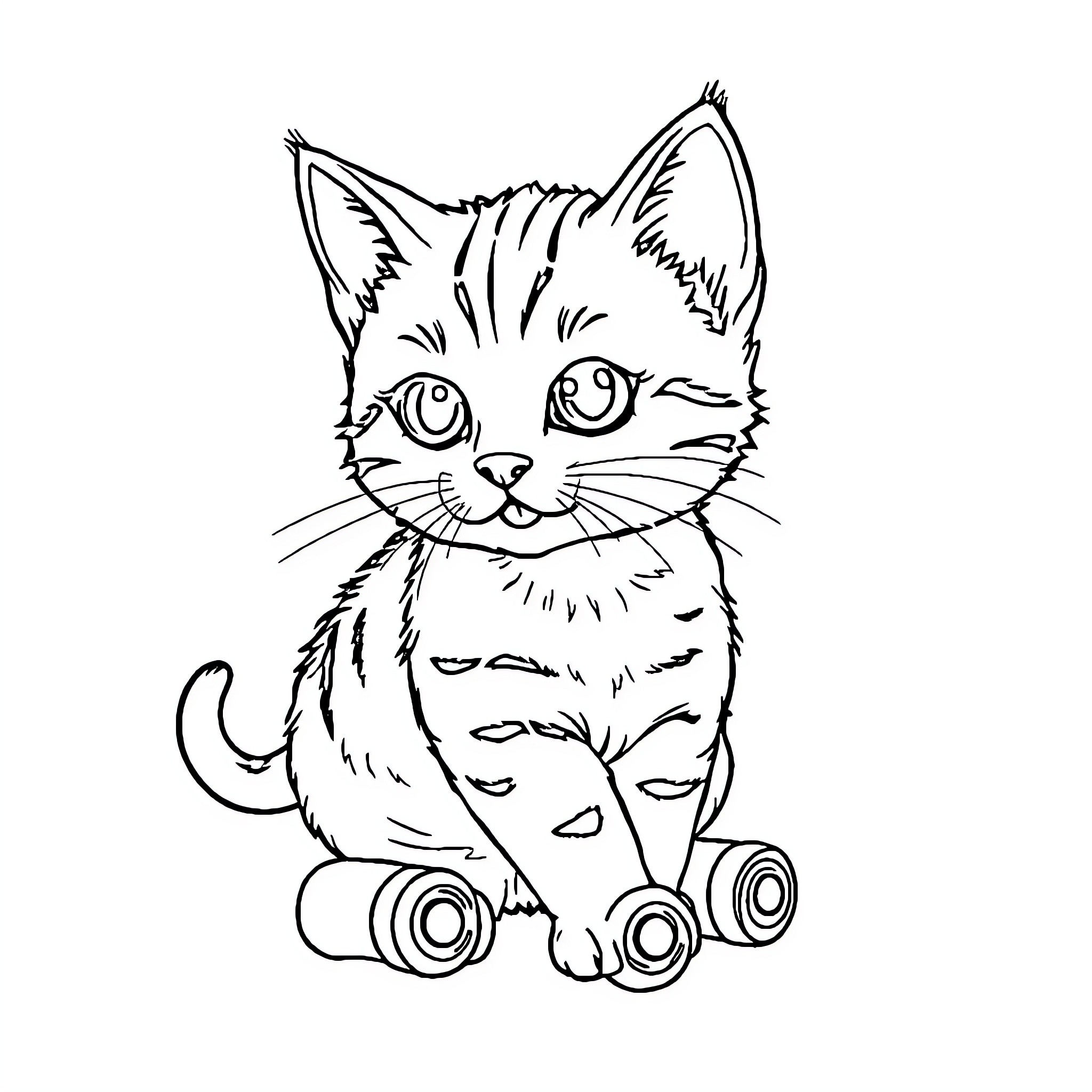 Cat in whimsical outline sketch Coloring Page (free black-and-white line drawing printable PDF for all, from beginners to advanced learners, including children, teens, adults, and seniors)