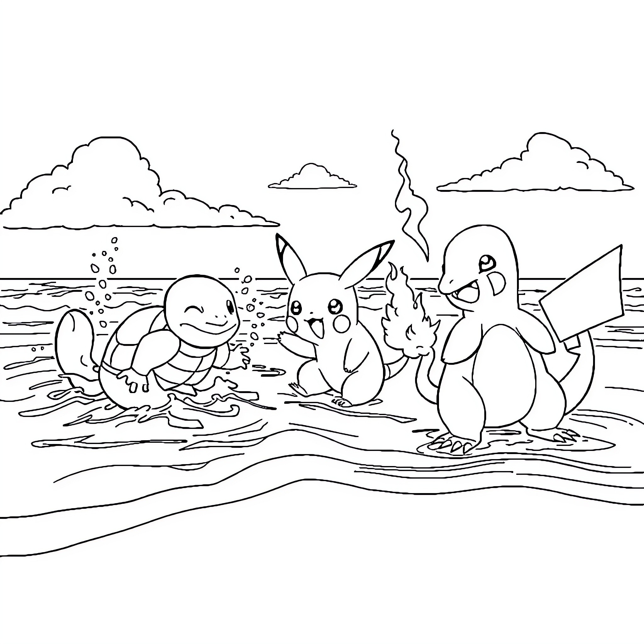 Pokémon enjoying a day at the beach Coloring Page (free black-and-white line drawing printable PDF for all, from beginners to advanced learners, including children, teens, adults, and seniors)