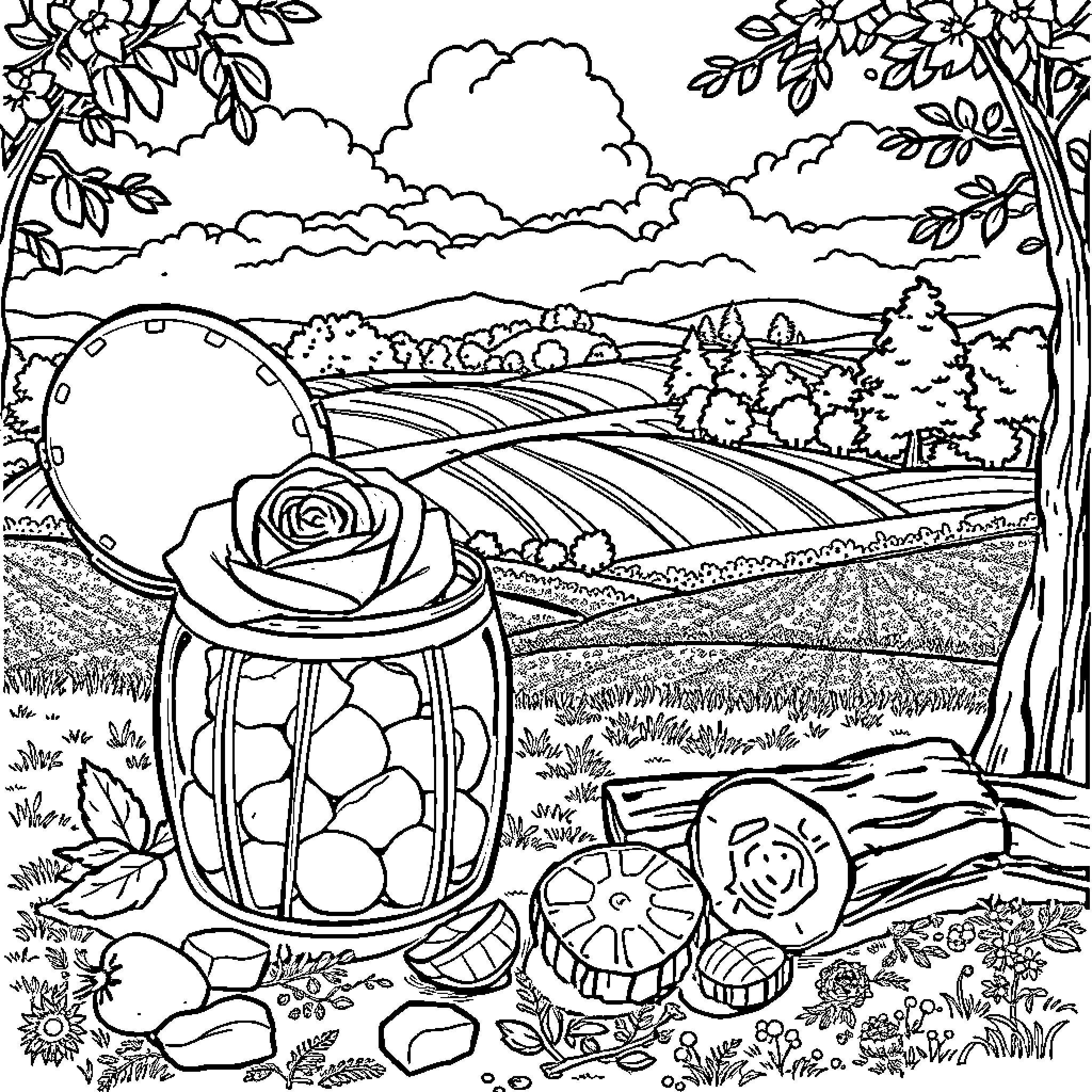 Rose Blossoms in a Tranquil Countryside Landscape Coloring Page (free black-and-white line drawing printable PDF for all, from beginners to advanced learners, including children, teens, adults, and seniors)