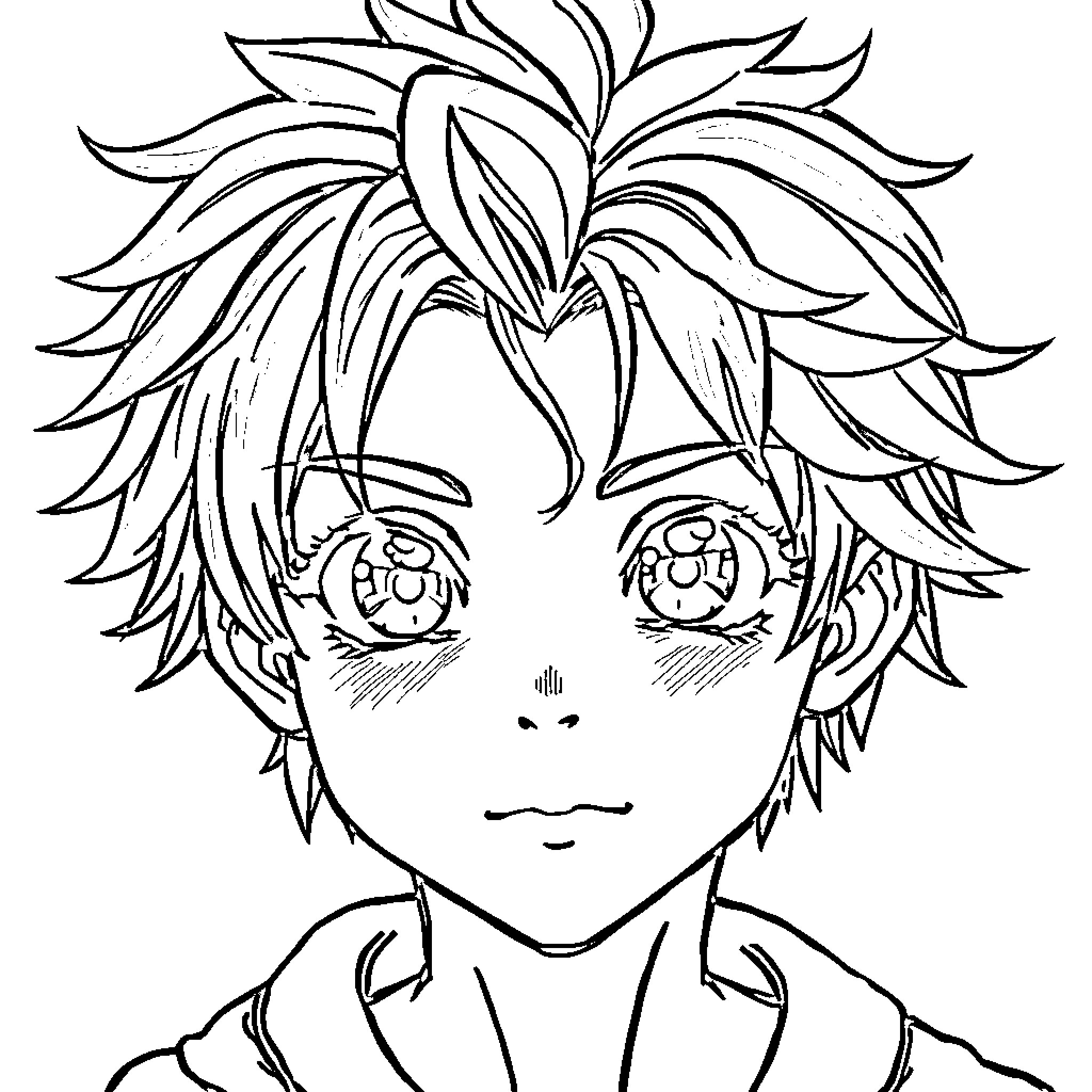 Anime Boy with Expressive Eyes and Messy Hair Coloring Page (free black-and-white line drawing printable PDF for all, from beginners to advanced learners, including children, teens, adults, and seniors)