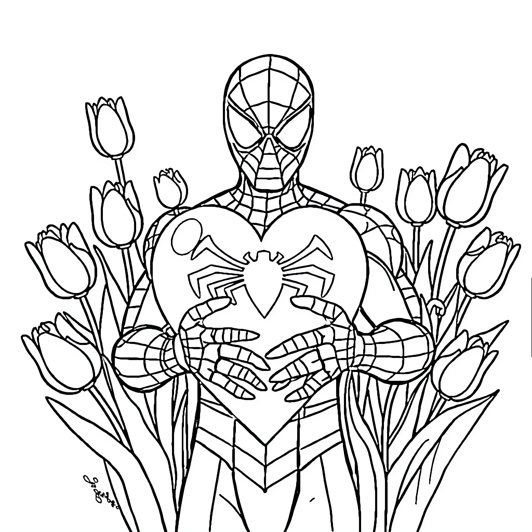 Spiderman surrounded by blooming tulips Coloring Page (free black-and-white line drawing printable PDF for all, from beginners to advanced learners, including children, teens, adults, and seniors)