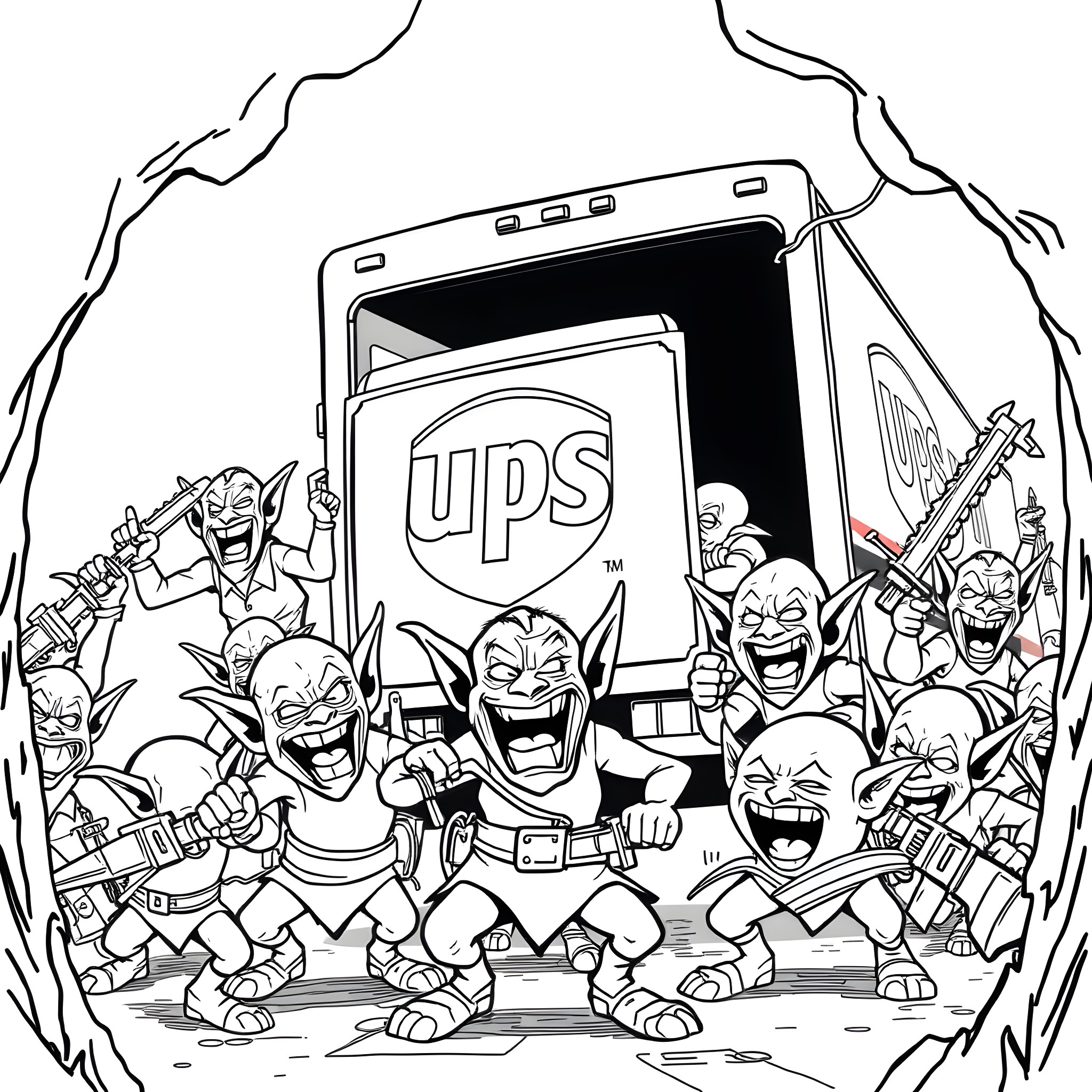 Goblin Delivery Crew Transporting Mischief Coloring Page (free black-and-white line drawing printable PDF for all, from beginners to advanced learners, including children, teens, adults, and seniors)
