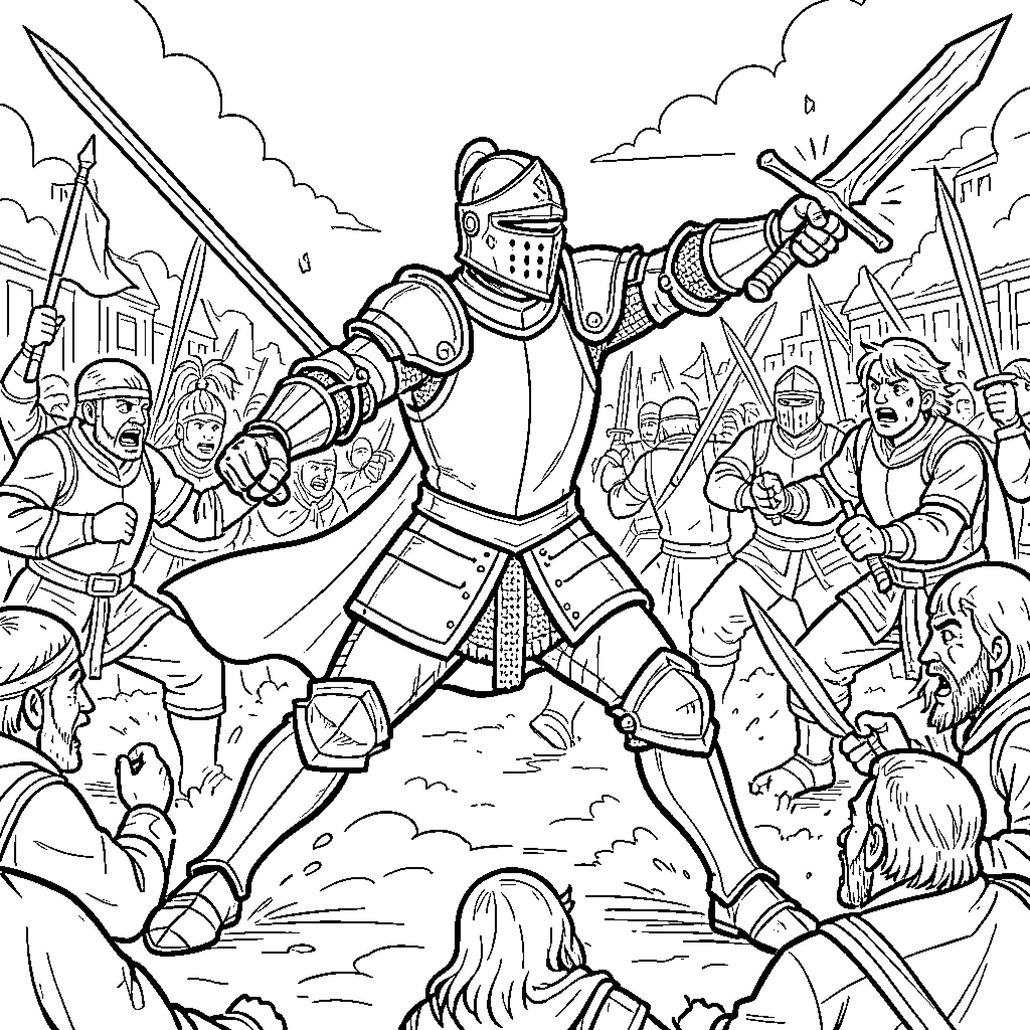 Knight brandishing swords amidst a crowd of soldiers Coloring Page (free black-and-white line drawing printable PDF for all, from beginners to advanced learners, including children, teens, adults, and seniors)