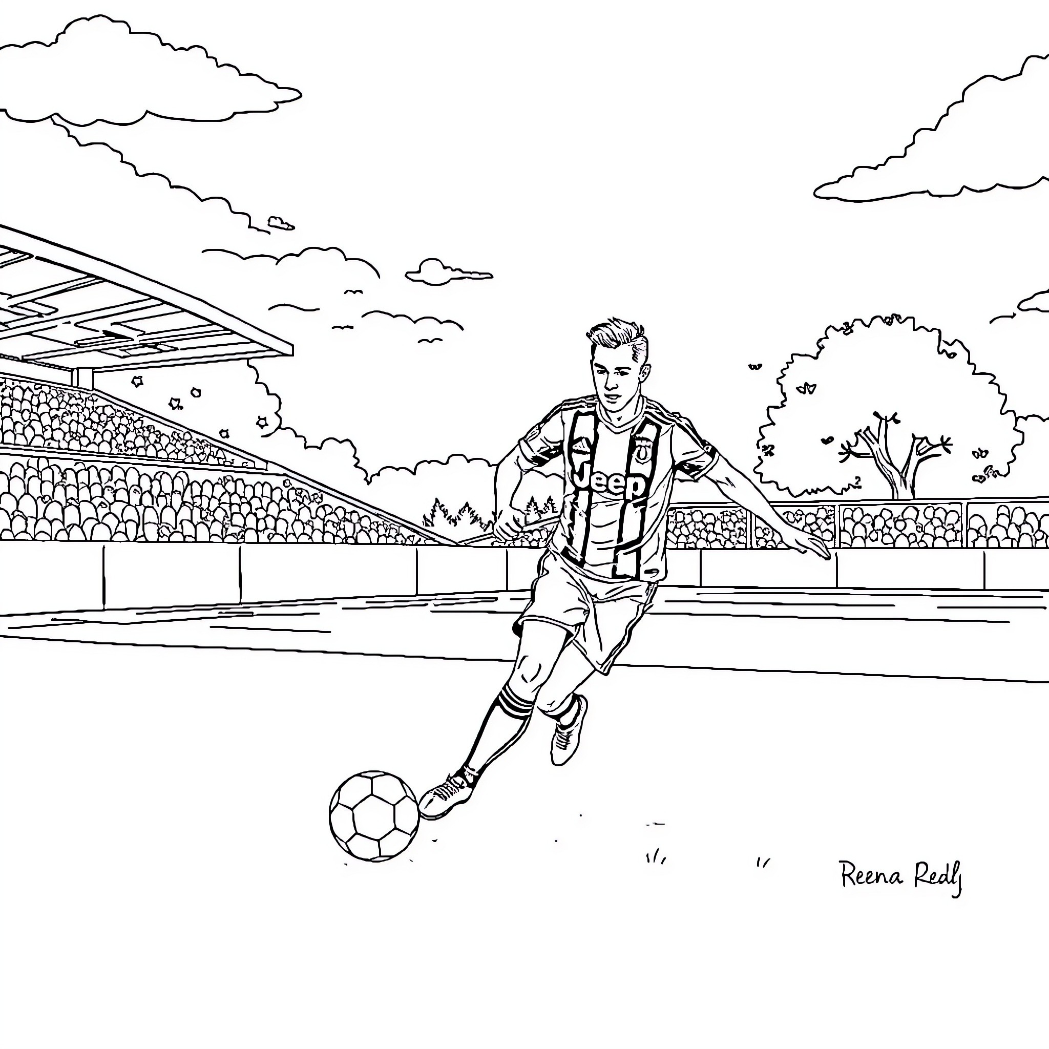 Football player in action on the field Coloring Page (free black-and-white line drawing printable PDF for all, from beginners to advanced learners, including children, teens, adults, and seniors)