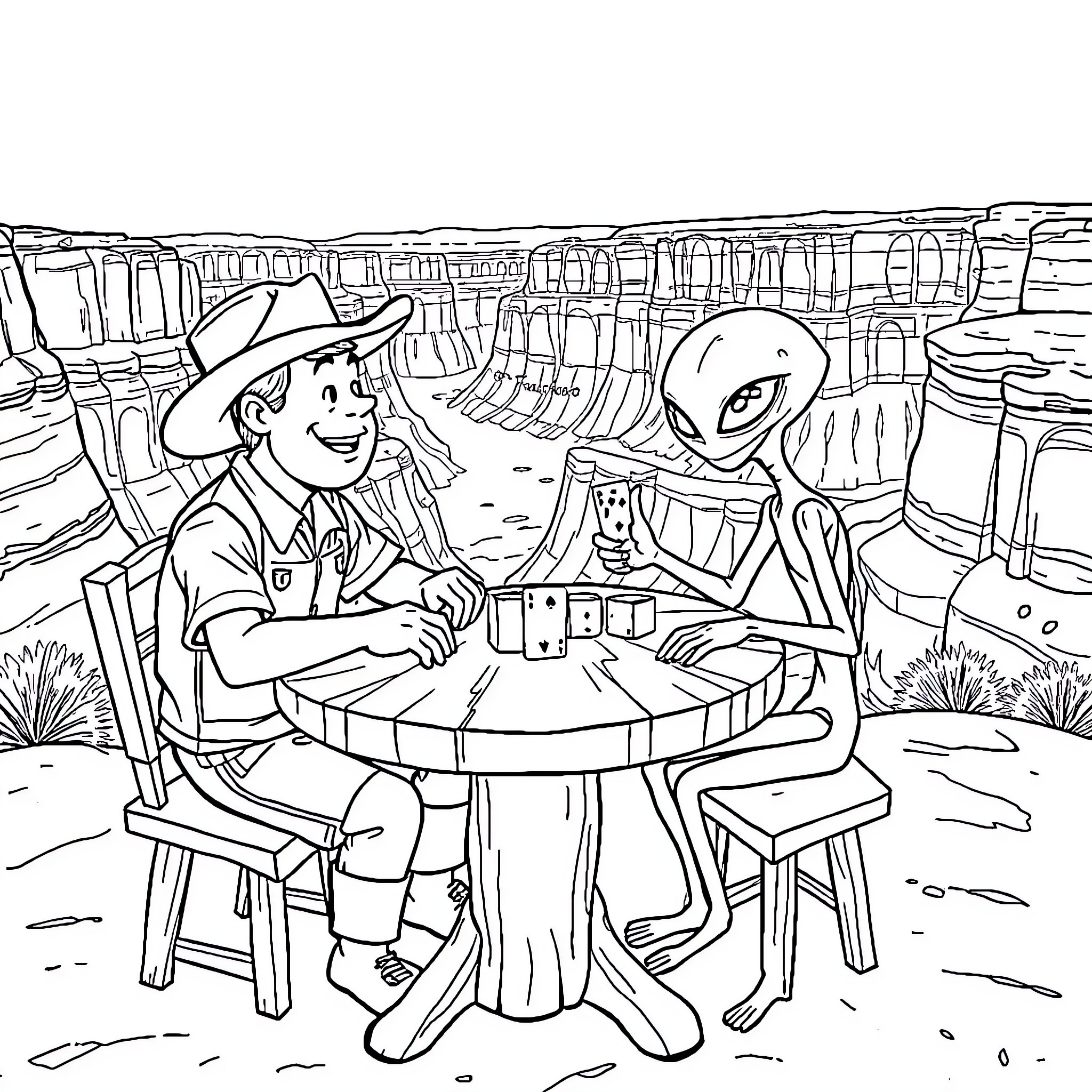 Barny Enjoys a Friendly Chat with an Alien in the Desert Coloring Page (free black-and-white line drawing printable PDF for all, from beginners to advanced learners, including children, teens, adults, and seniors)