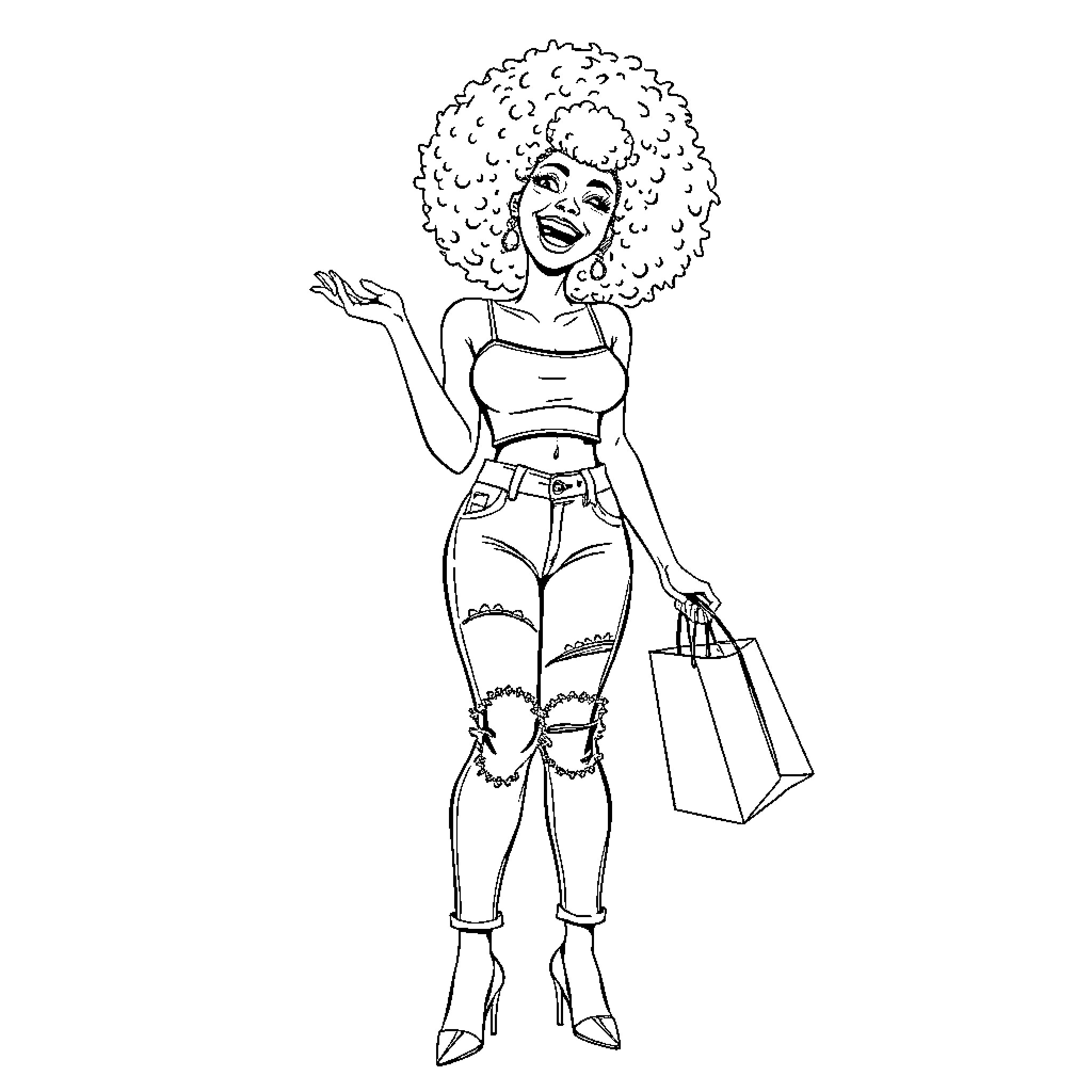 Woman enjoying shopping with joy and confidence Coloring Page (free black-and-white line drawing printable PDF for all, from beginners to advanced learners, including children, teens, adults, and seniors)