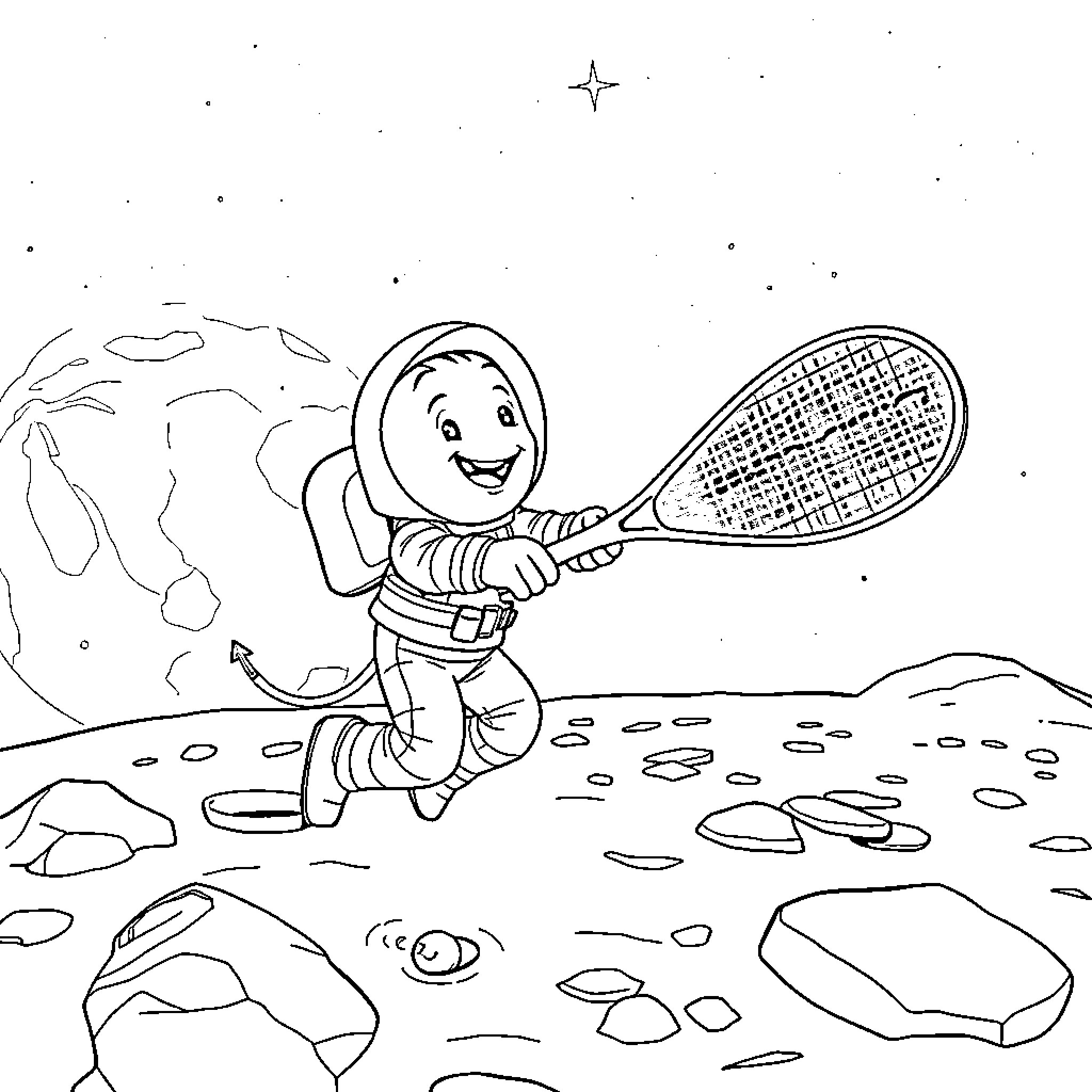 Nemo playing tennis on the moon Coloring Page (free black-and-white line drawing printable PDF for all, from beginners to advanced learners, including children, teens, adults, and seniors)