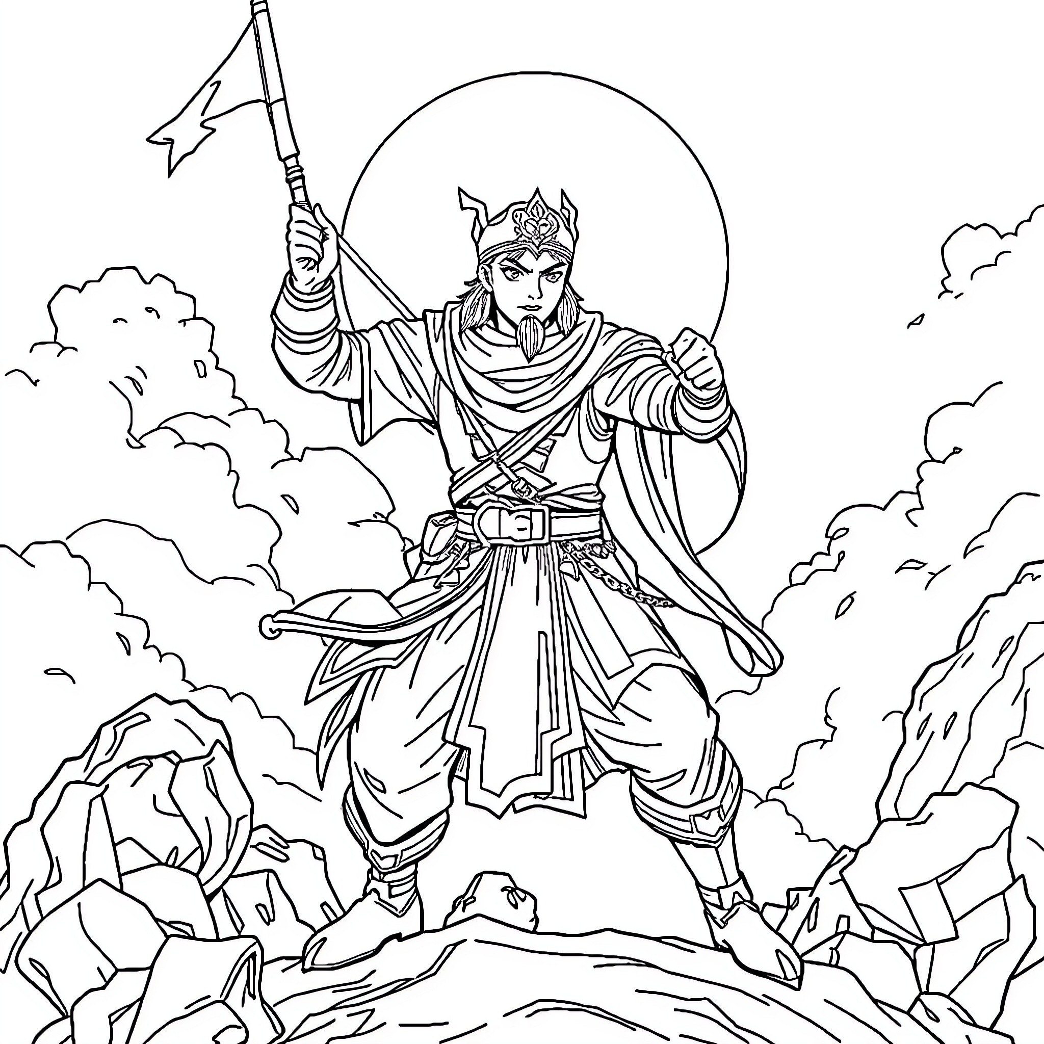 Jaka Sembung, the Mighty Warrior Wielding a Sword in a Dramatic Pose Coloring Page (free black-and-white line drawing printable PDF for all, from beginners to advanced learners, including children, teens, adults, and seniors)
